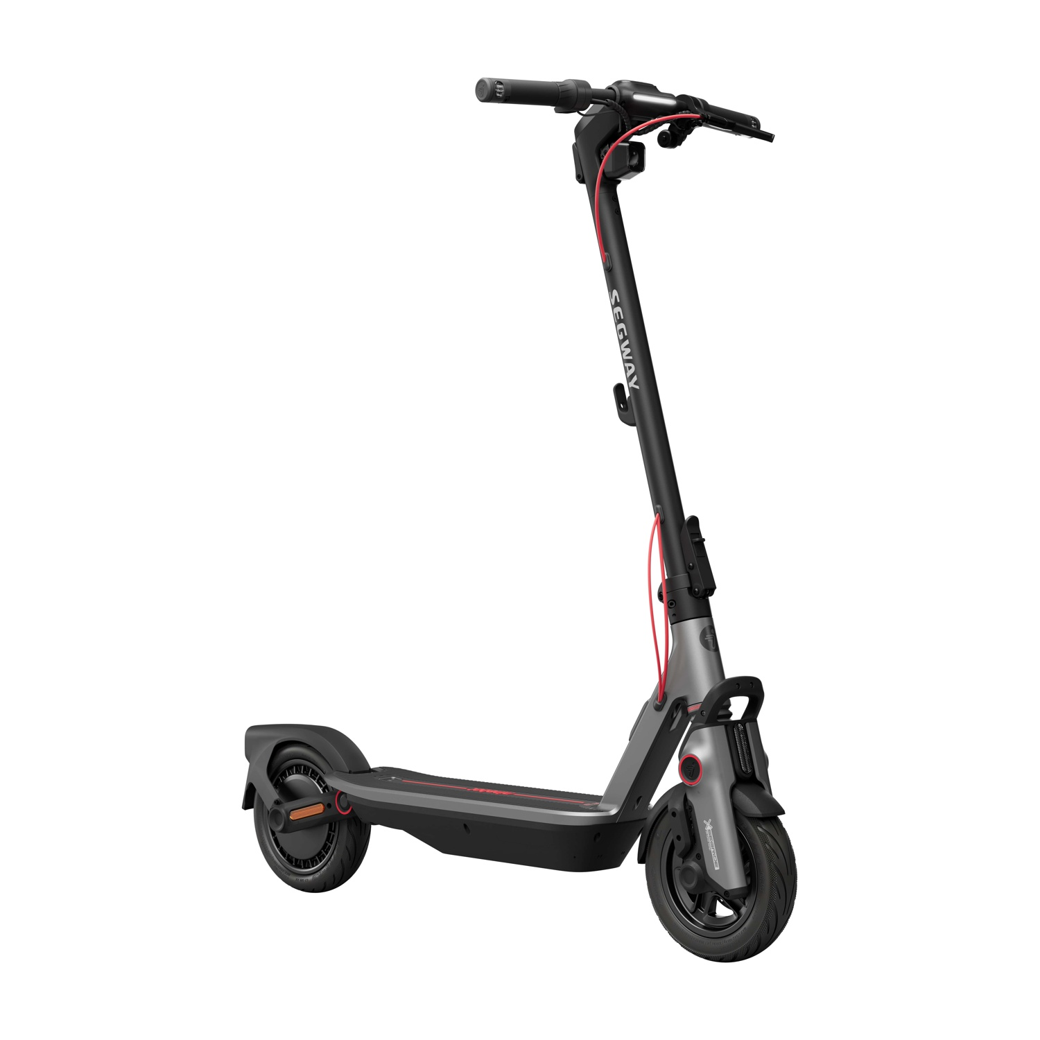 Scooter elettrico Segway Ninebot F3, vista laterale. Grigio, nero e rosso. Sfondo bianco.