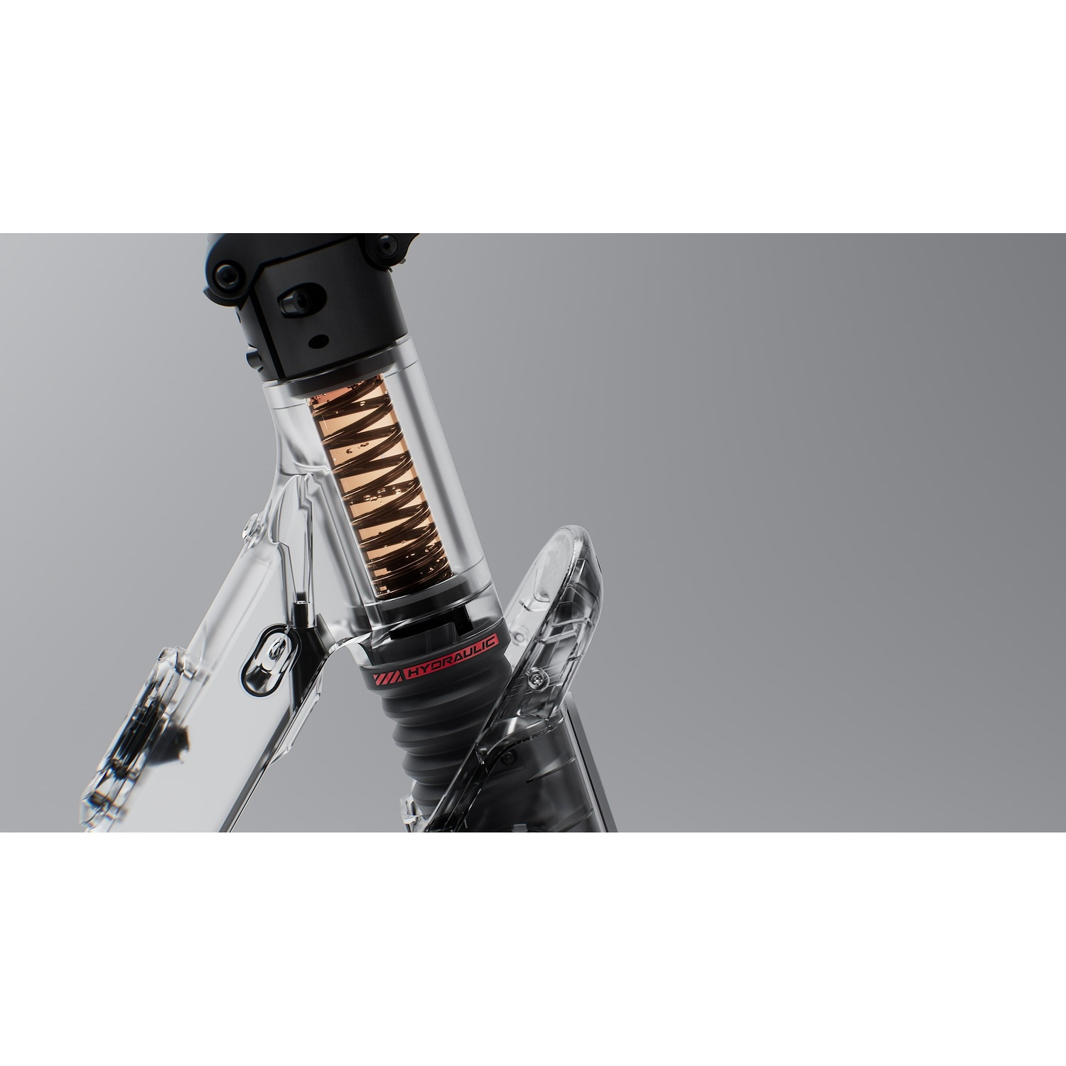 Dettaglio sospensione scooter Segway Ninebot F3. Plastica trasparente su molla di rame. Sfondo grigio.