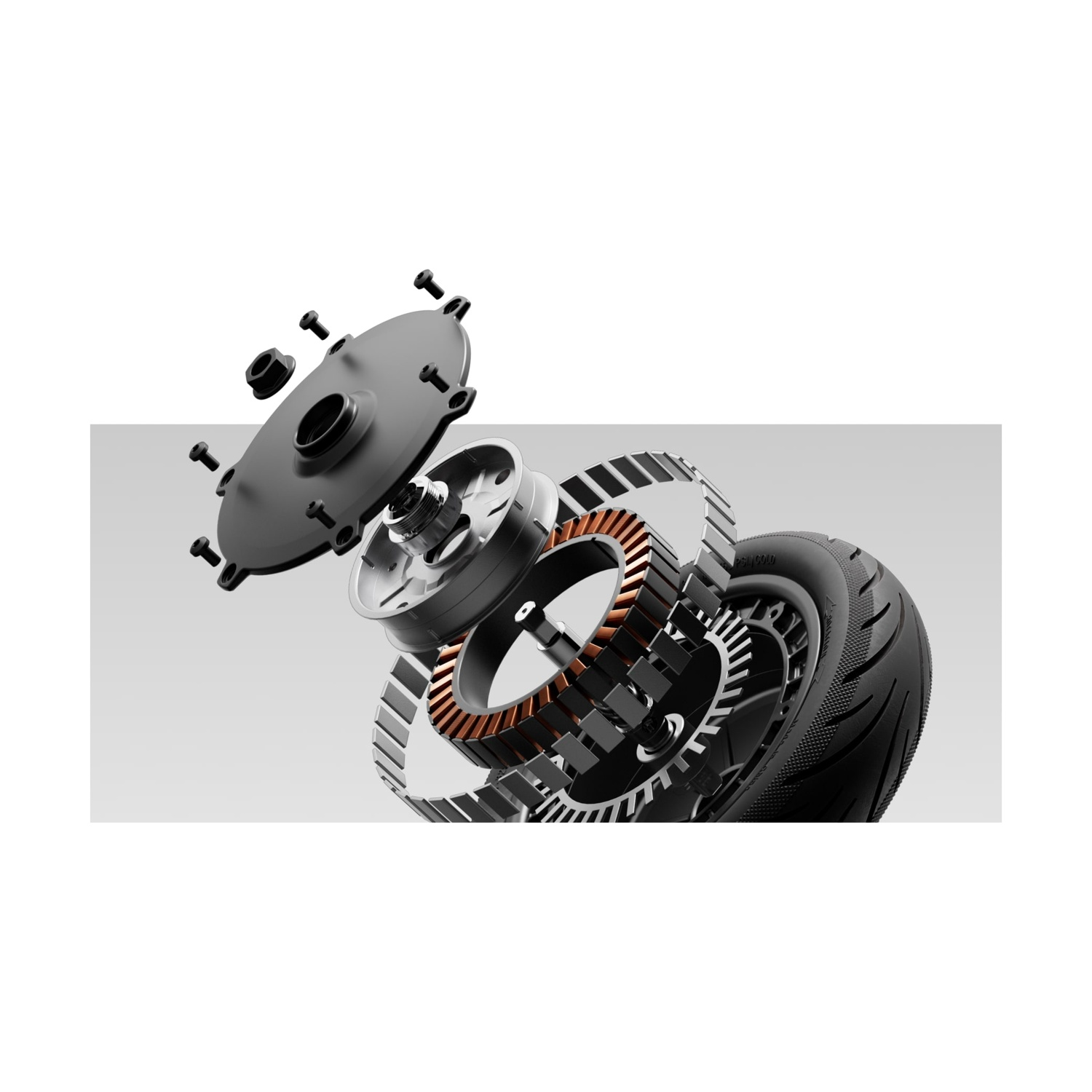 Vista esplosa del motore dello scooter elettrico Segway Ninebot F3. Sfondo grigio.