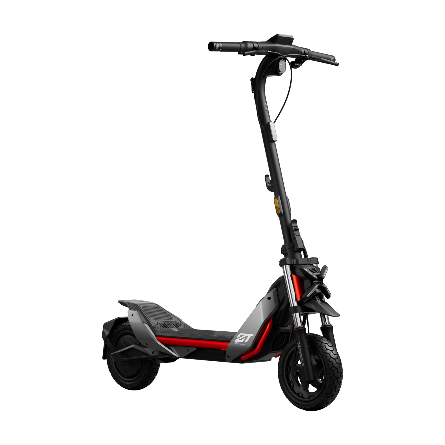 Scooter elettrico nero e grigio con dettagli rossi su sfondo bianco.
