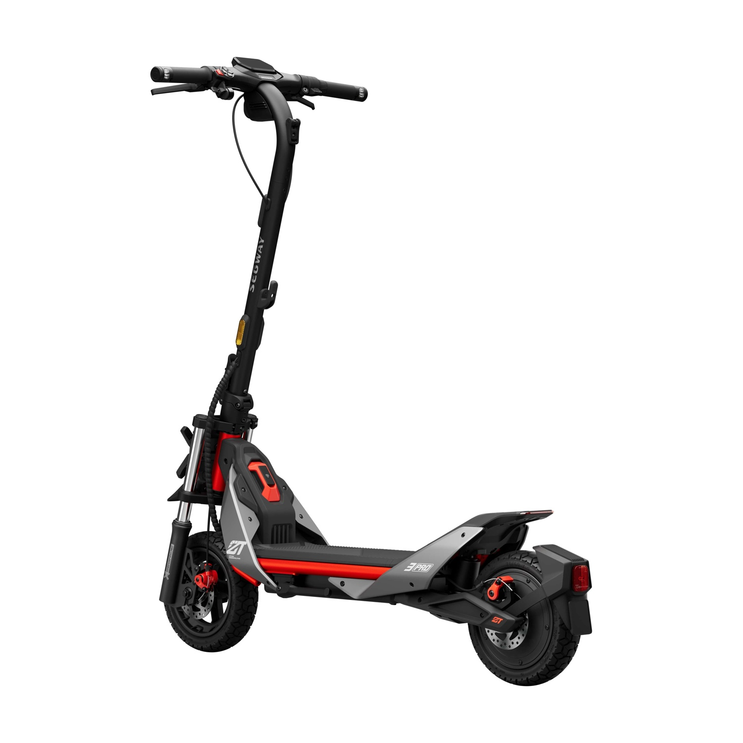 Scooter elettrico nero e grigio con dettagli rossi su sfondo bianco.