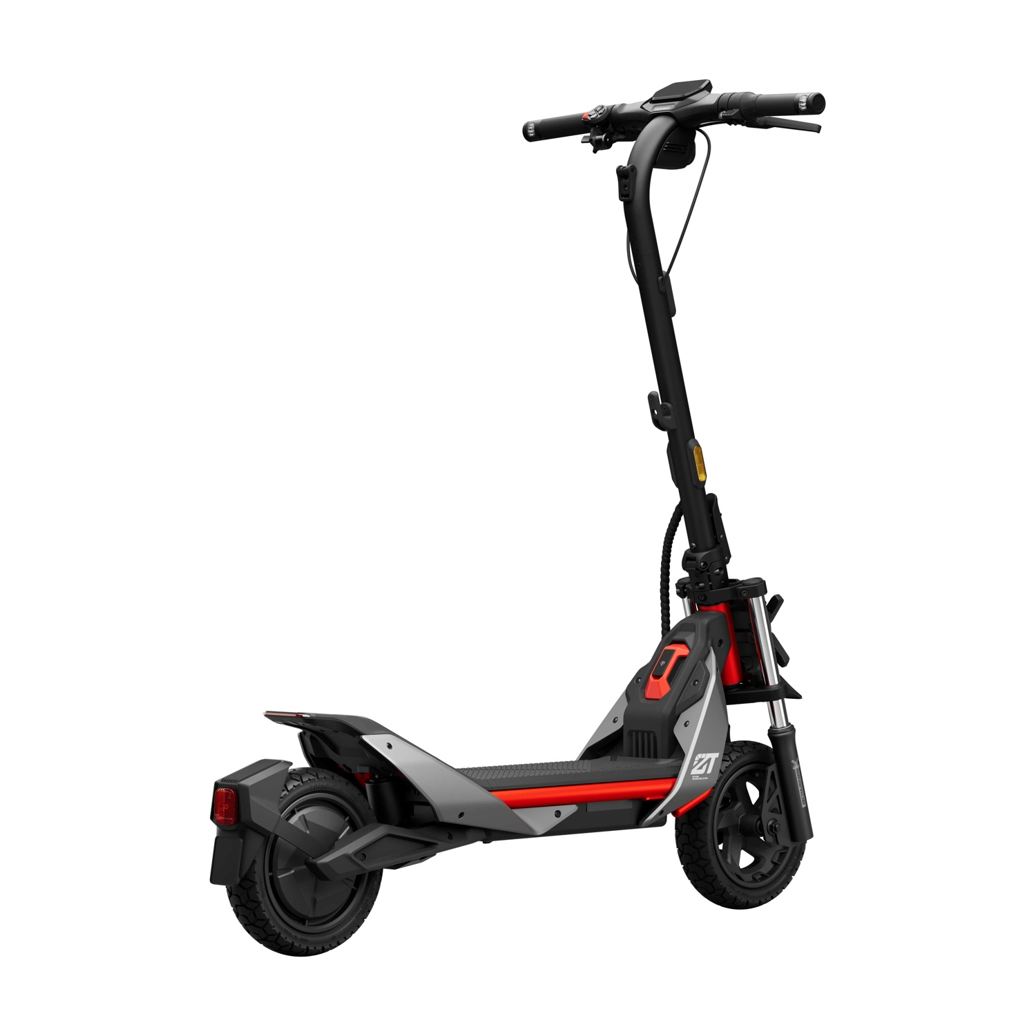 Scooter elettrico con telaio nero, dettagli rossi e manubrio nero.