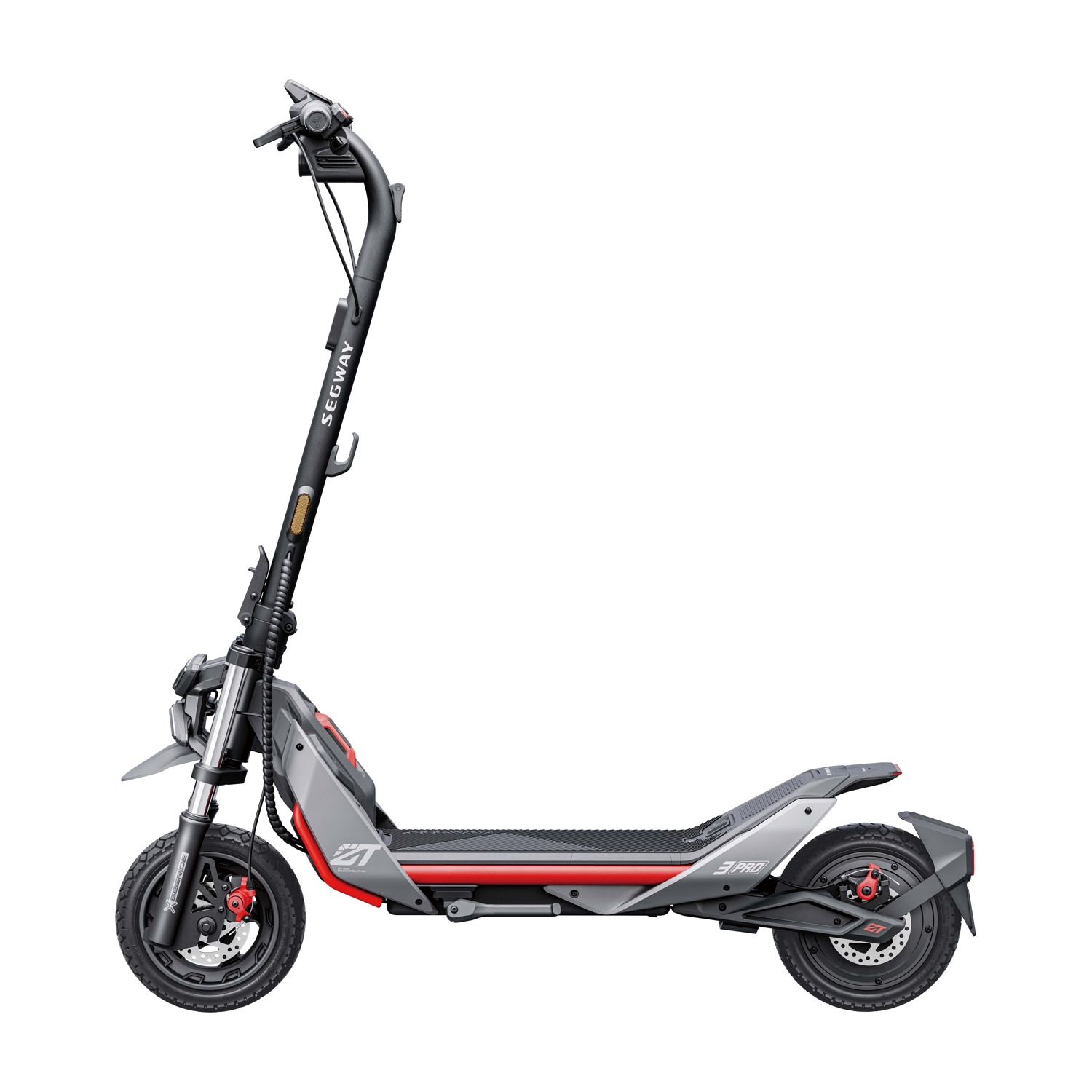 Scooter elettrico grigio e rosso con manubrio nero, marchio Segway visibile.