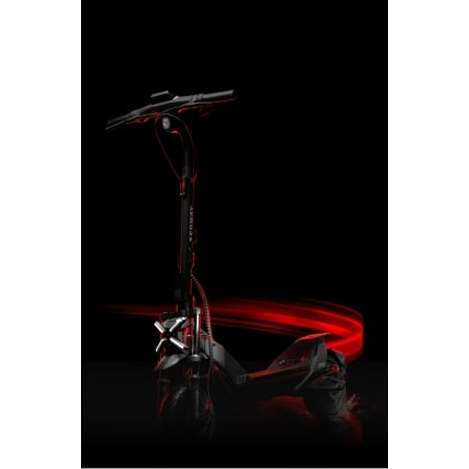 Scooter elettrico nero con scie luminose rosse su sfondo scuro.