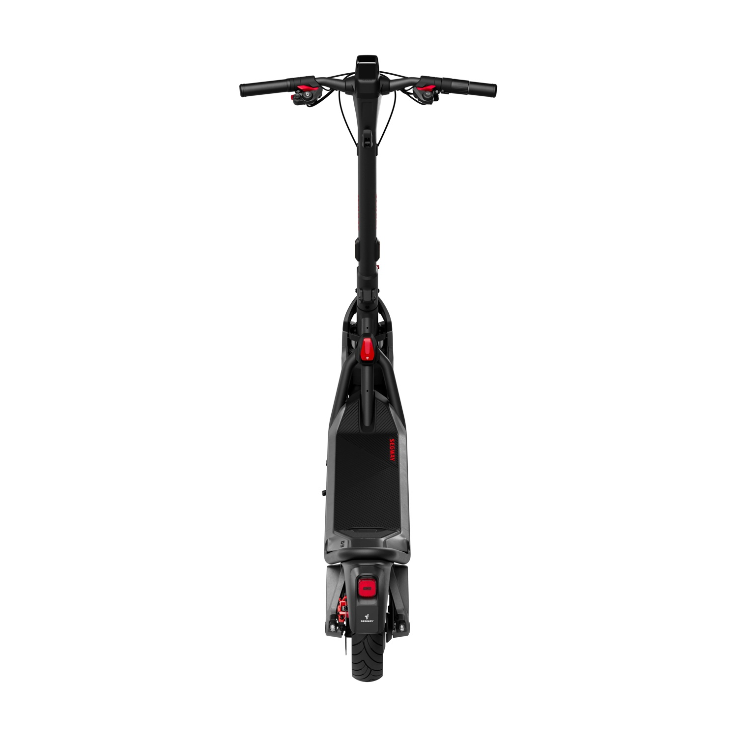 Vista dall'alto di uno scooter elettrico nero su sfondo bianco.