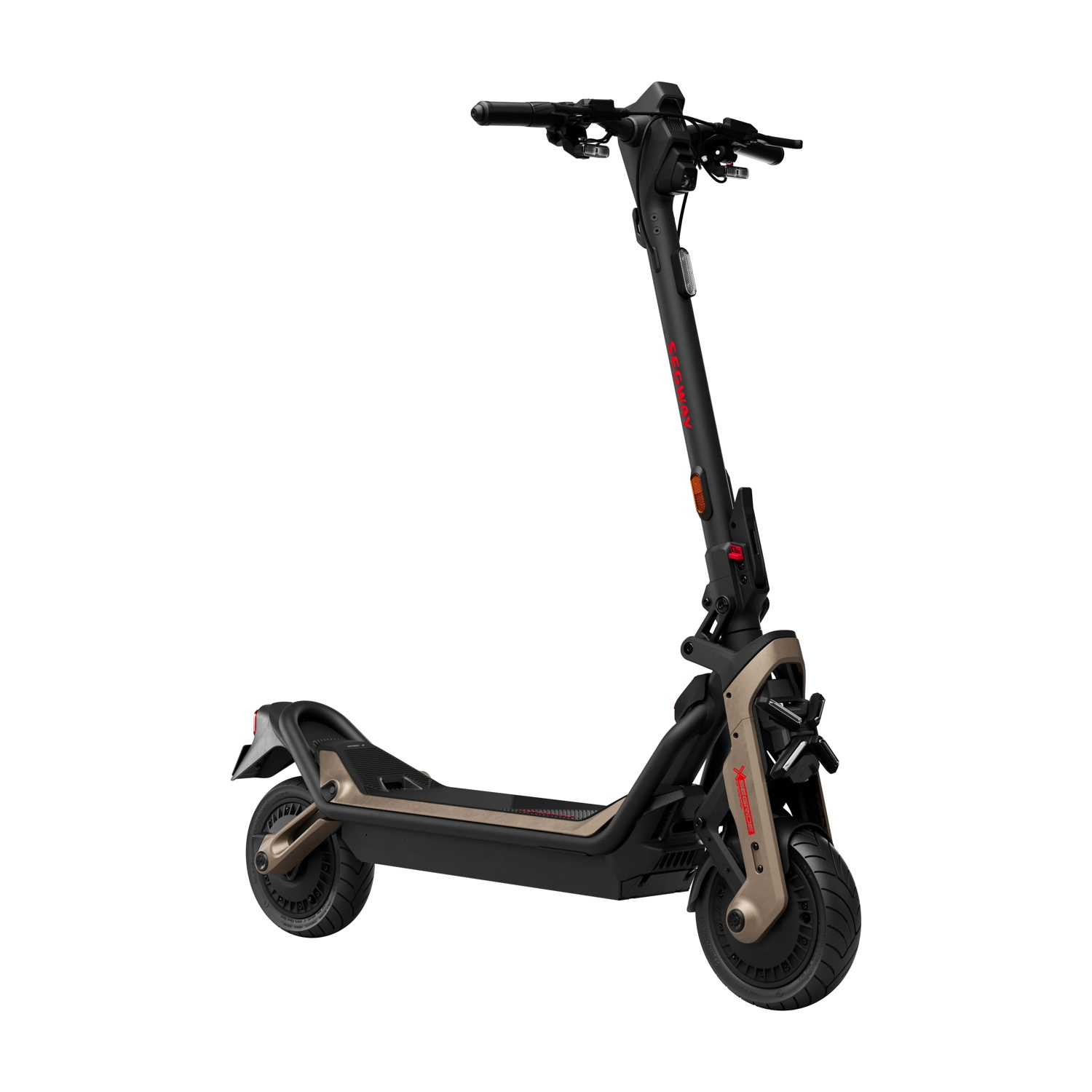 Scooter elettrico nero e oro con dettagli rossi su sfondo bianco.