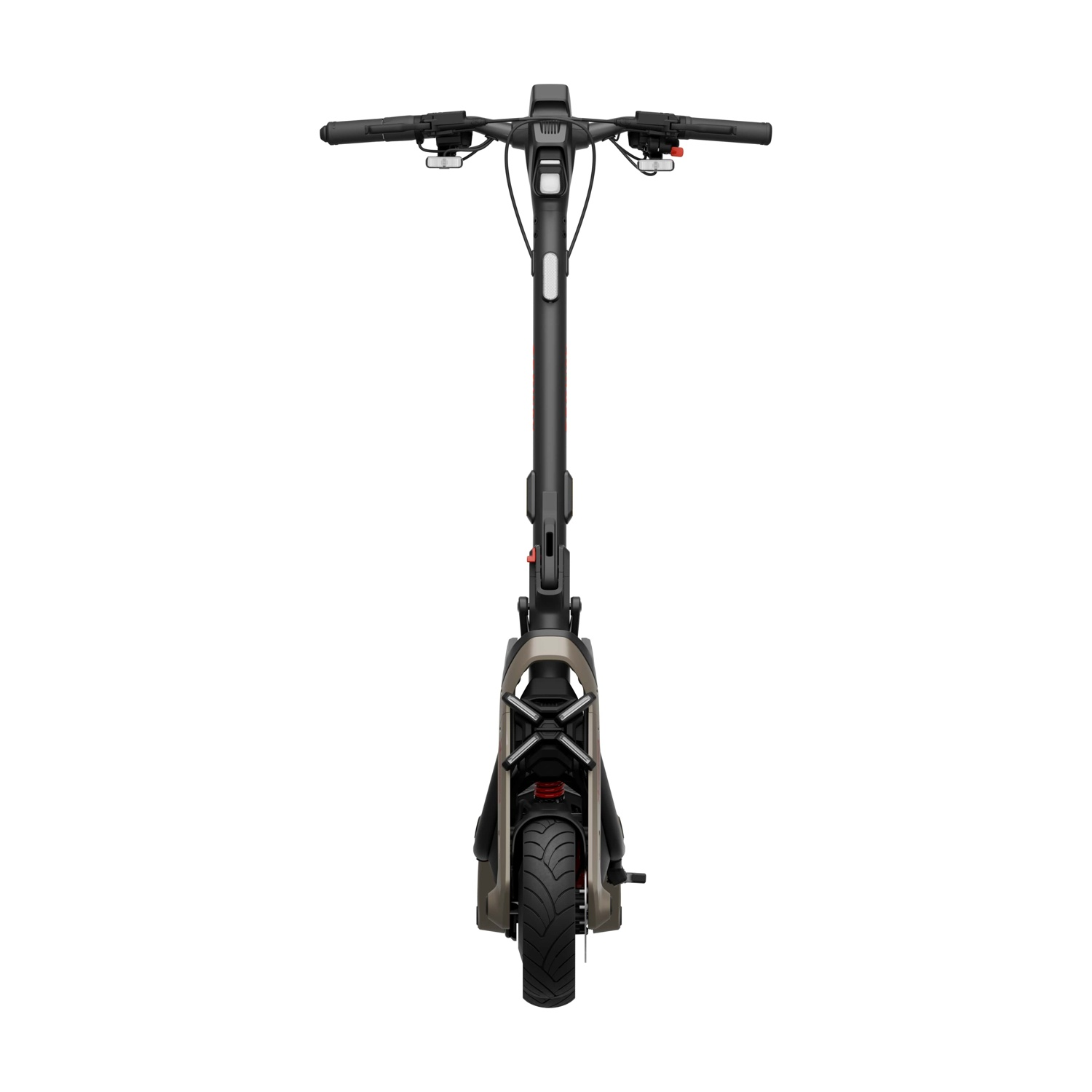 Vista posteriore di uno scooter elettrico nero e grigio su sfondo bianco.