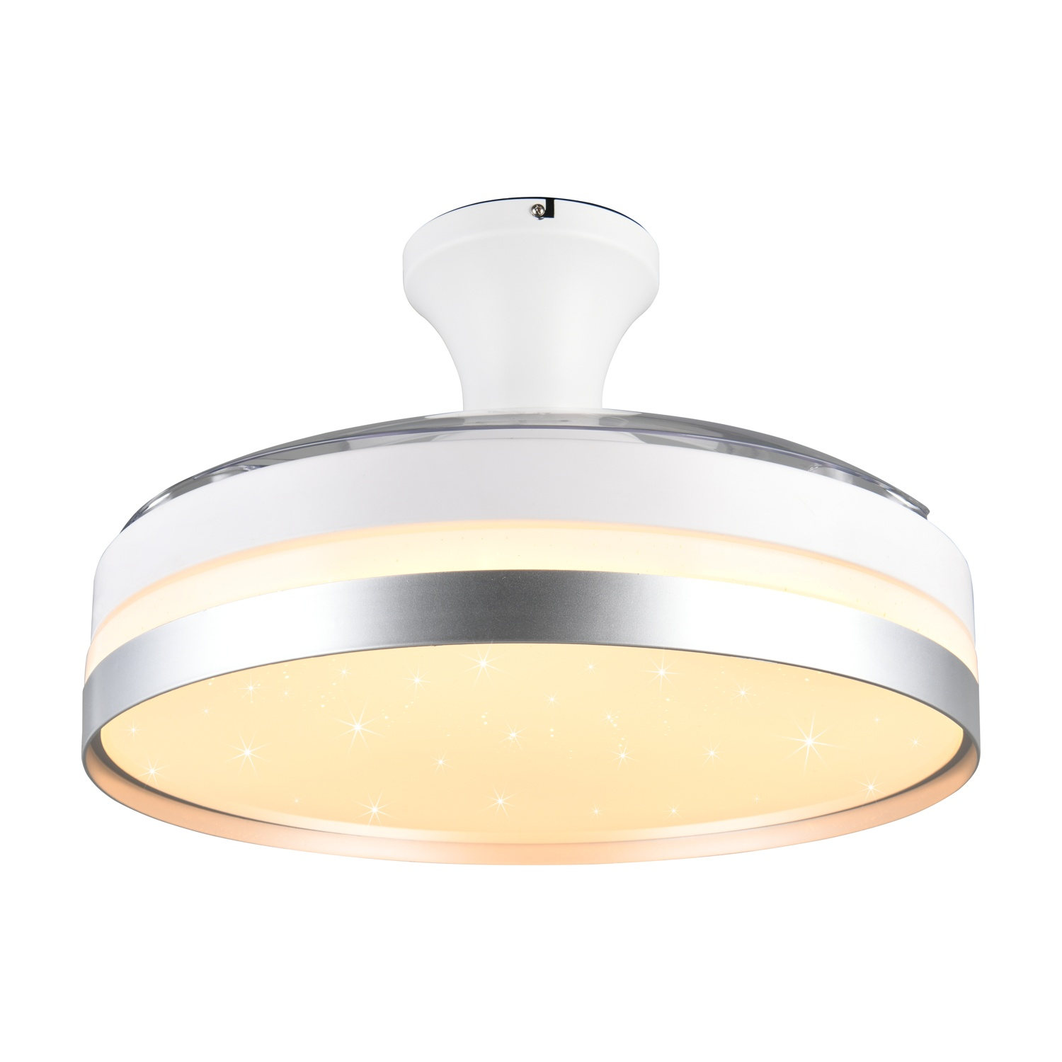 Ventilatore da soffitto bianco con dettagli argentati e design stellato illuminato.