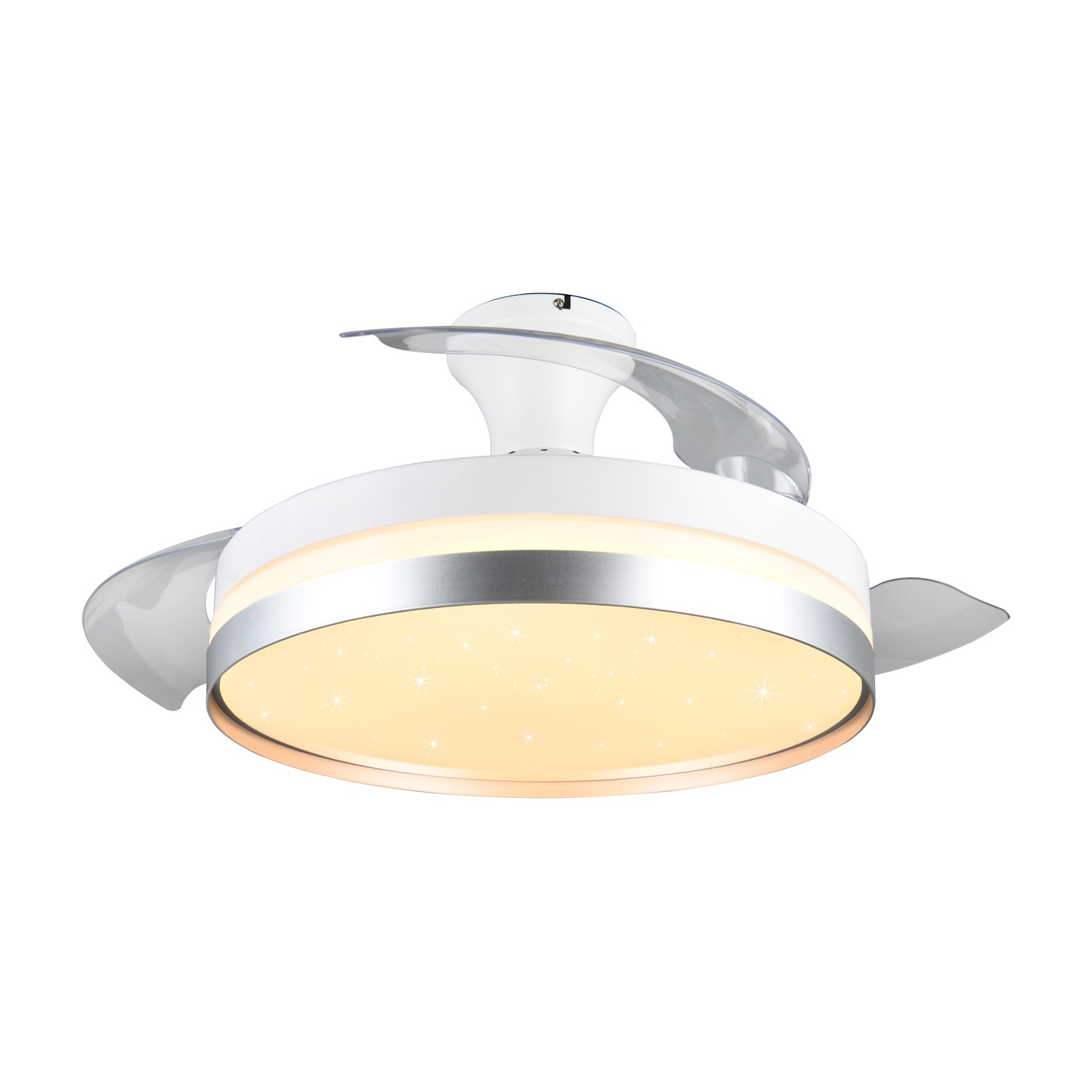 Un ventilatore da soffitto bianco con due pale trasparenti e finiture argentate.