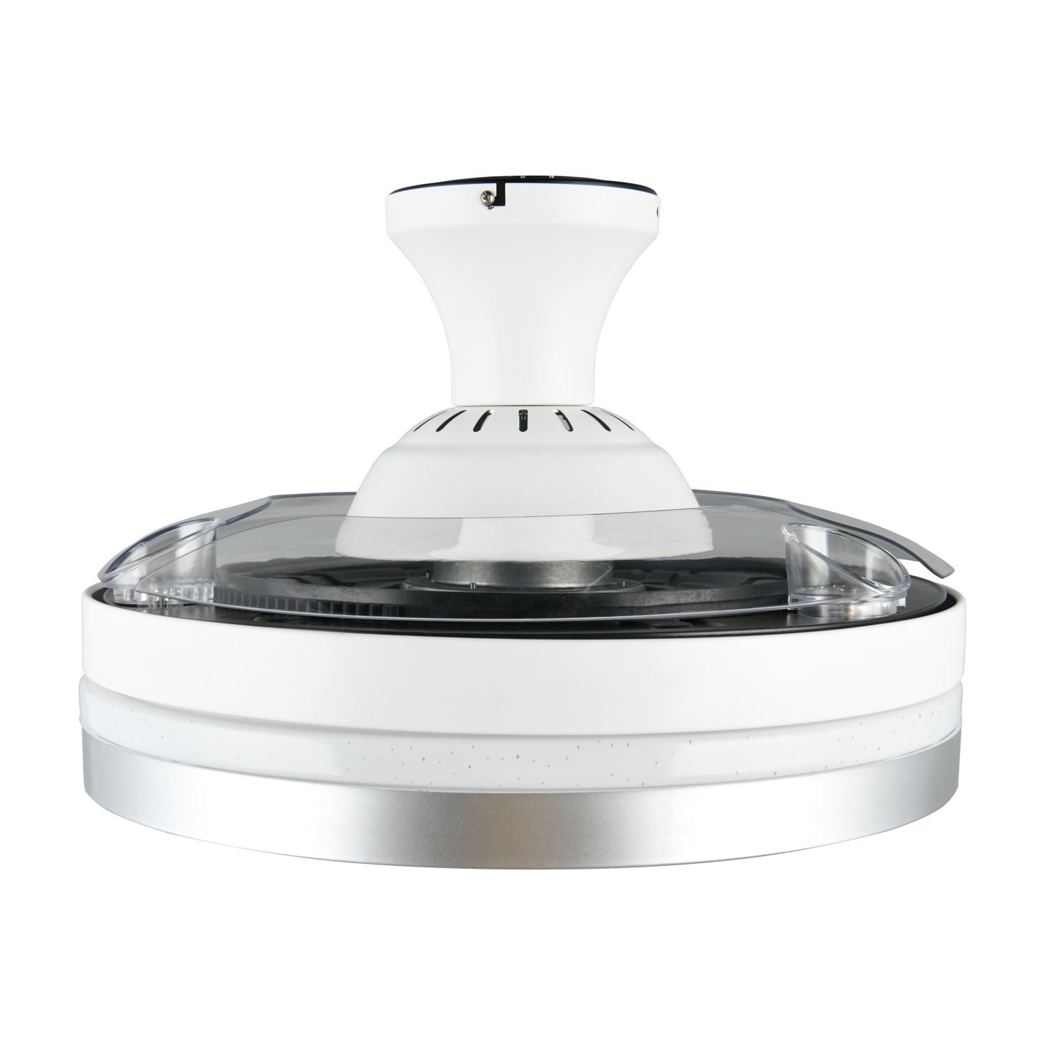 Ventilatore da soffitto bianco con pale trasparenti e dettagli argentati.