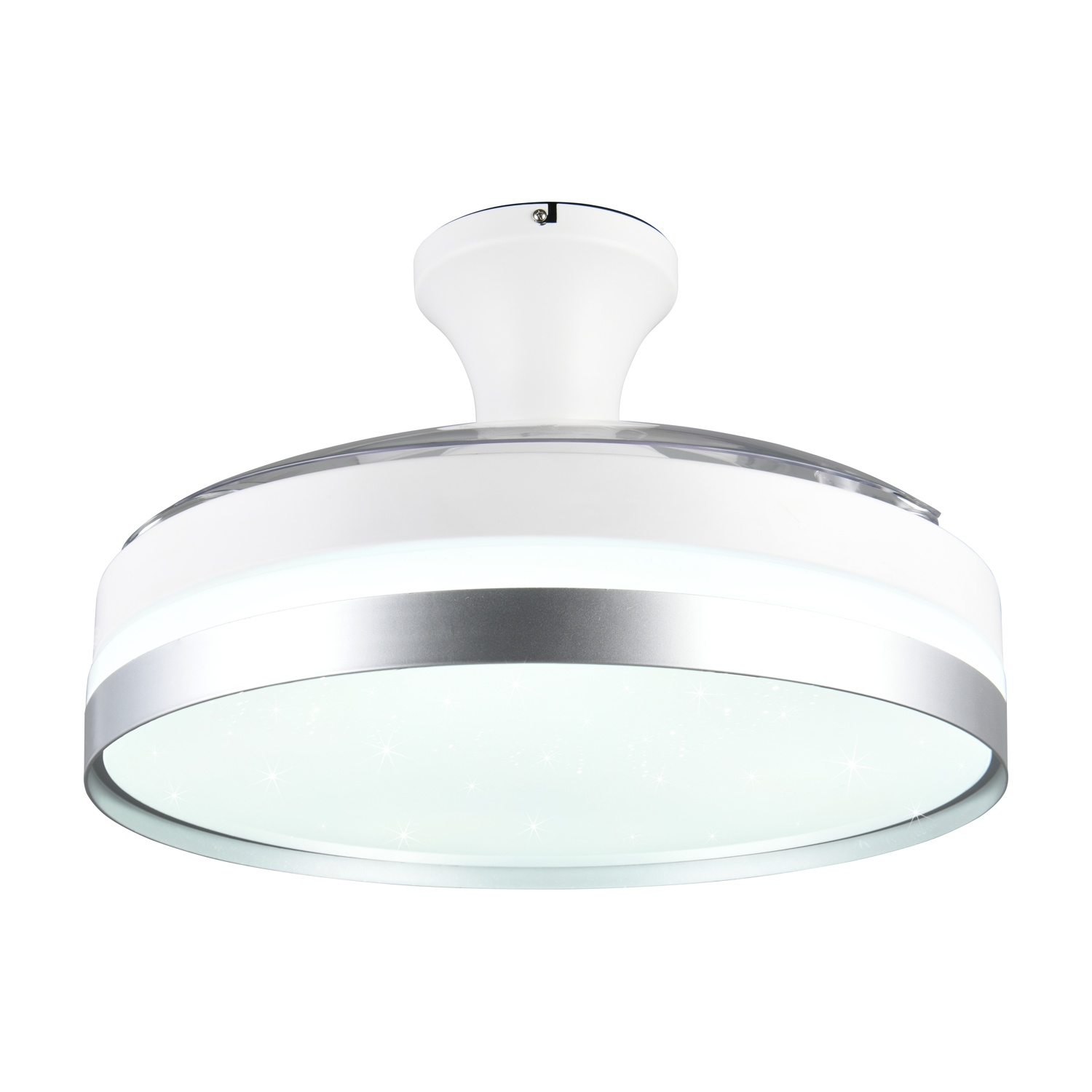Lampada a ventola da soffitto bianca e argento su sfondo bianco.