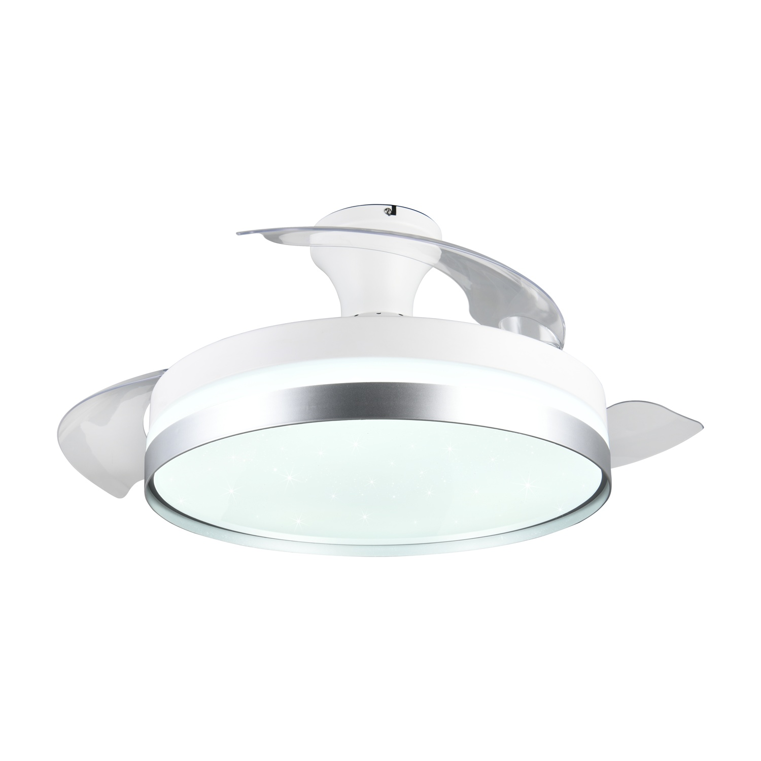 Ventilatore da soffitto bianco con bordo argentato e pale trasparenti.
