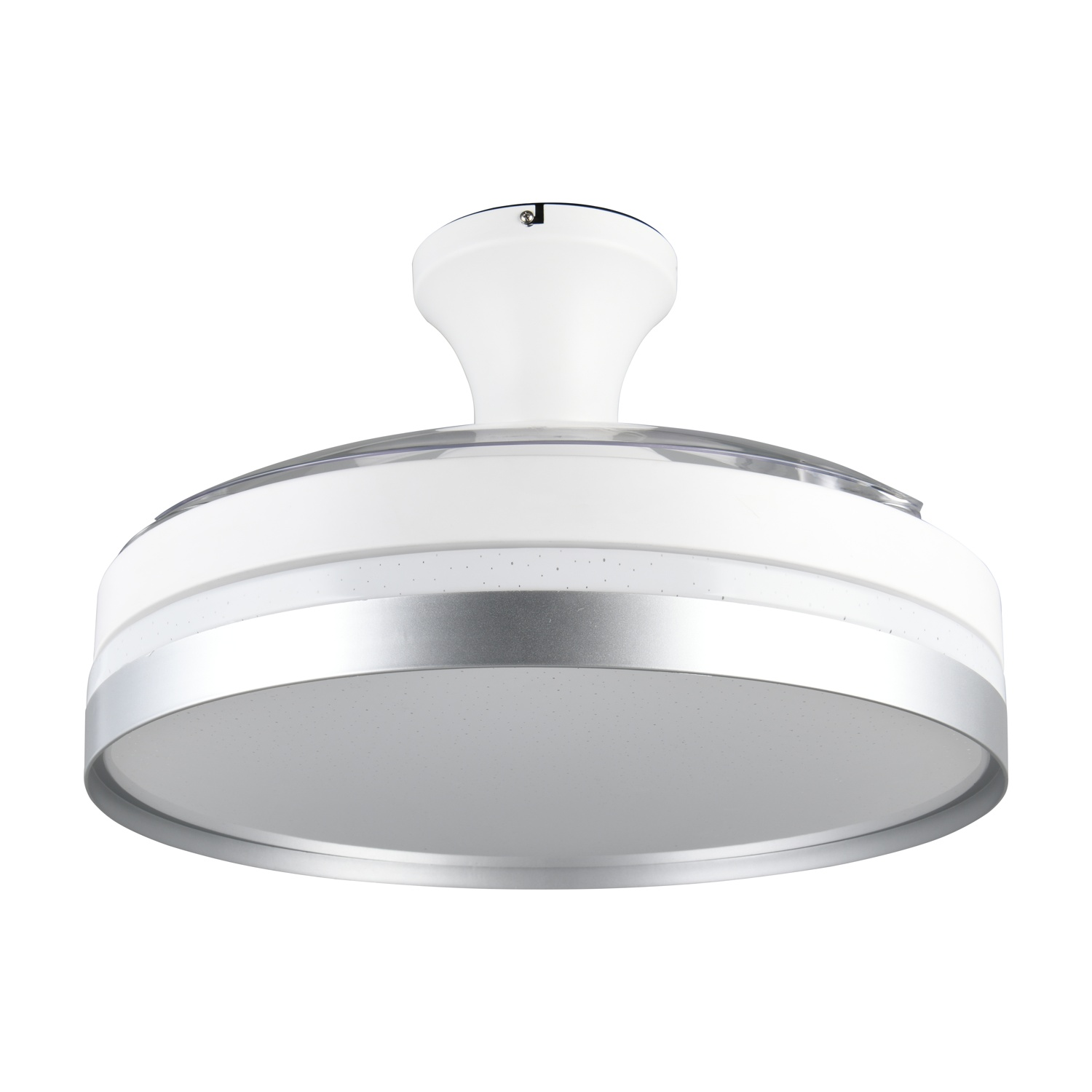 Lampada a ventola da soffitto bianca e argento su sfondo bianco.