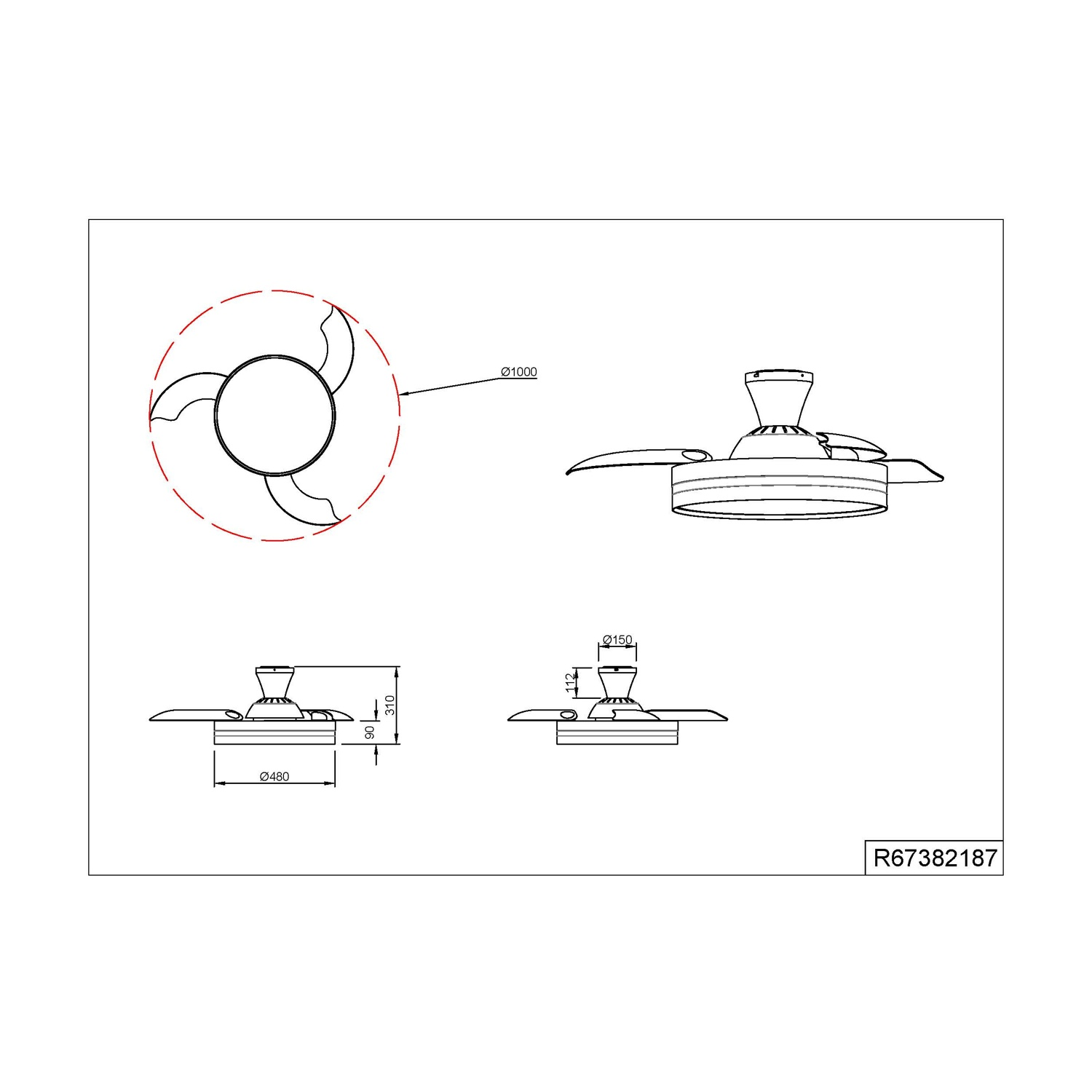 Disegno tecnico di un ventilatore da soffitto con misure.