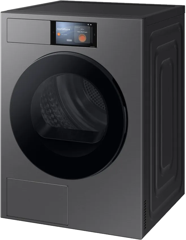 Machine à laver gris foncé avec porte noire, affichage numérique. Vue oblique.