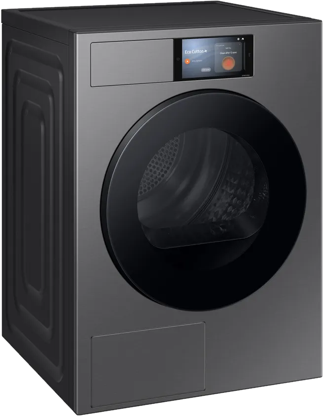 Un lave-linge gris et noir avec un écran tactile sur fond blanc.