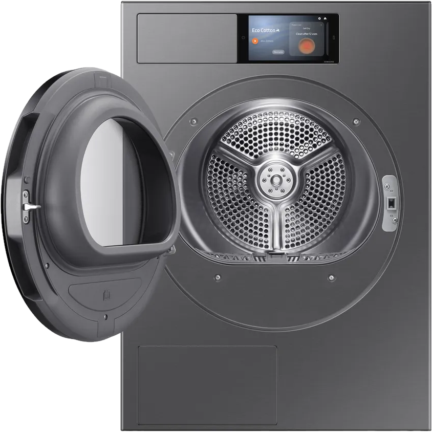 Un sèche-linge gris avec sa porte ouverte, montrant l'intérieur.