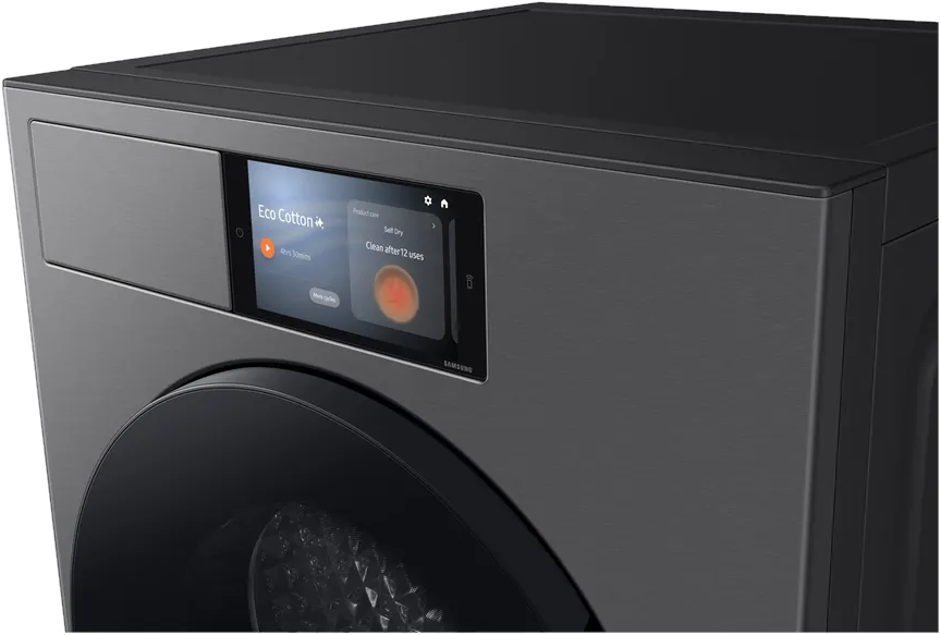 Gros plan sur le panneau de commande d'un lave-linge noir montrant l'écran et les réglages.