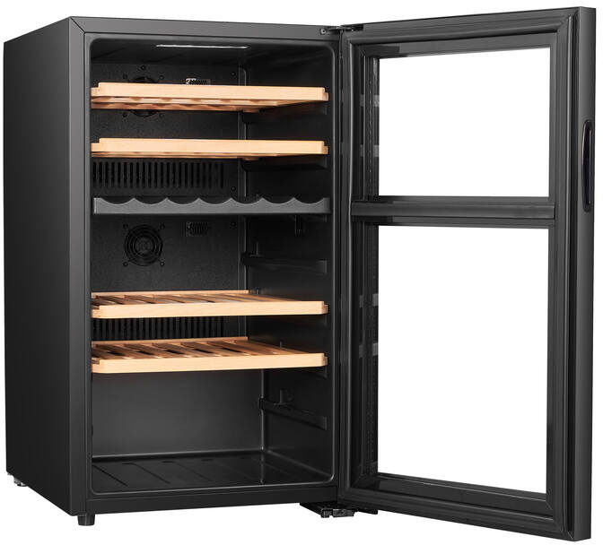 Cantinetta con porta a vetro aperta. Ripiani in legno all'interno. Cornice nera.