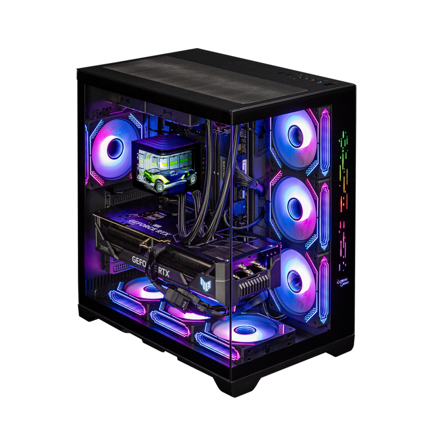 Een computerkast met interne componenten verlicht door kleurrijke LED-lampen, tegen een zwarte achtergrond.