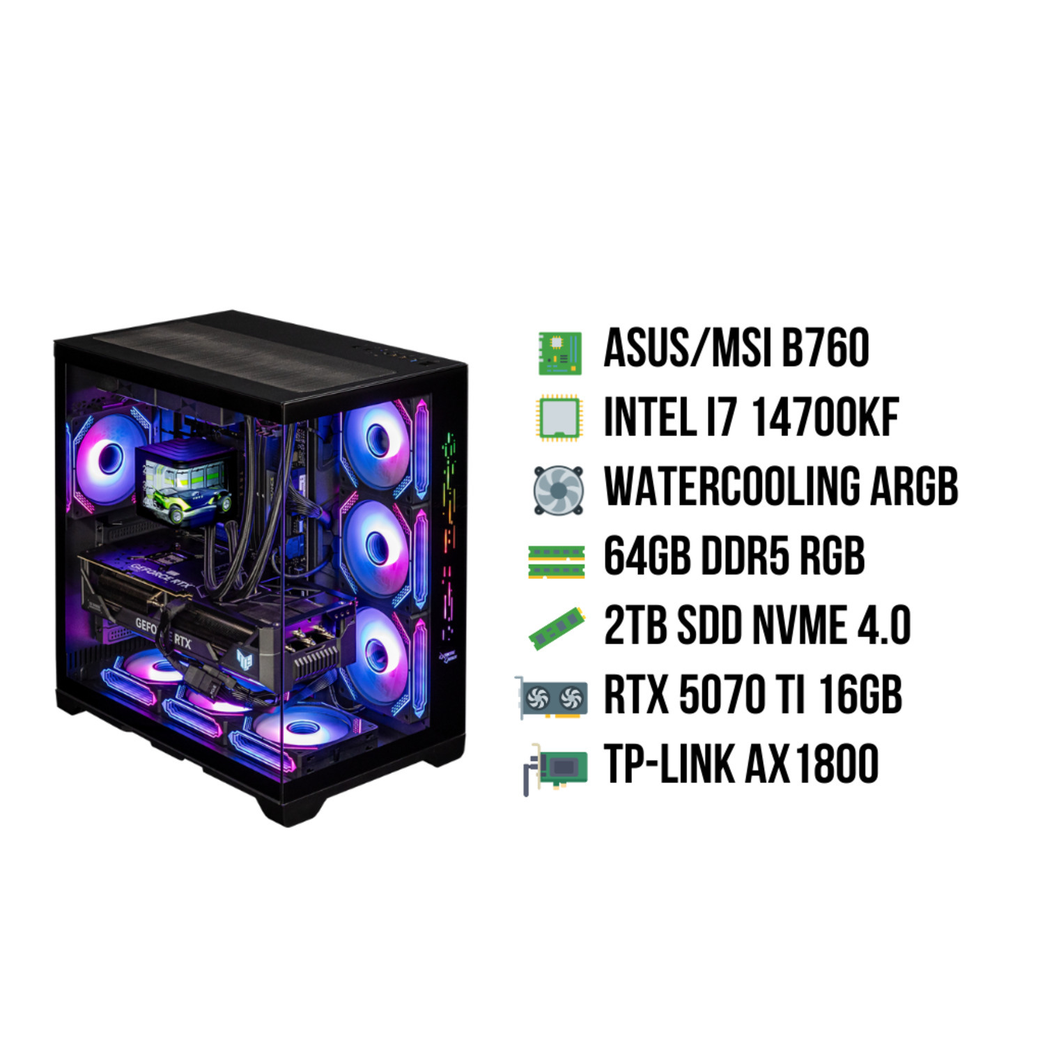 Zwarte computerkast met RGB-verlichting. Componentenlijst met specificaties rechts.