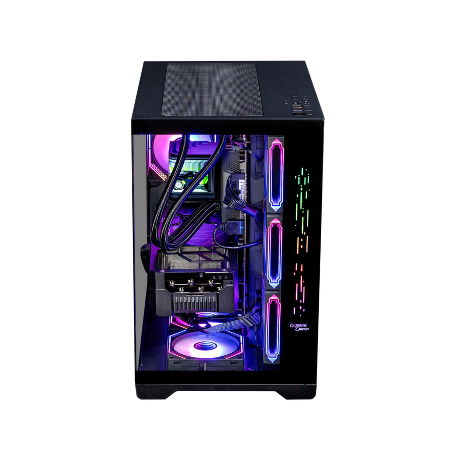 Een zwarte pc-kast met glazen zijpaneel, met interne componenten en RGB-verlichtingseffecten.