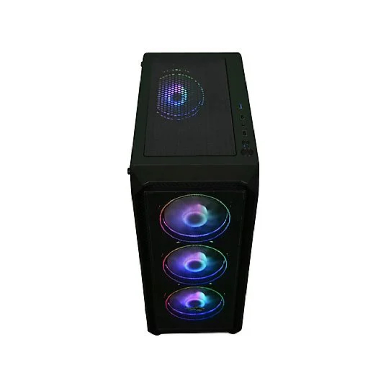 Black PC case with three fans, the top of the case with a fan, top-down view.