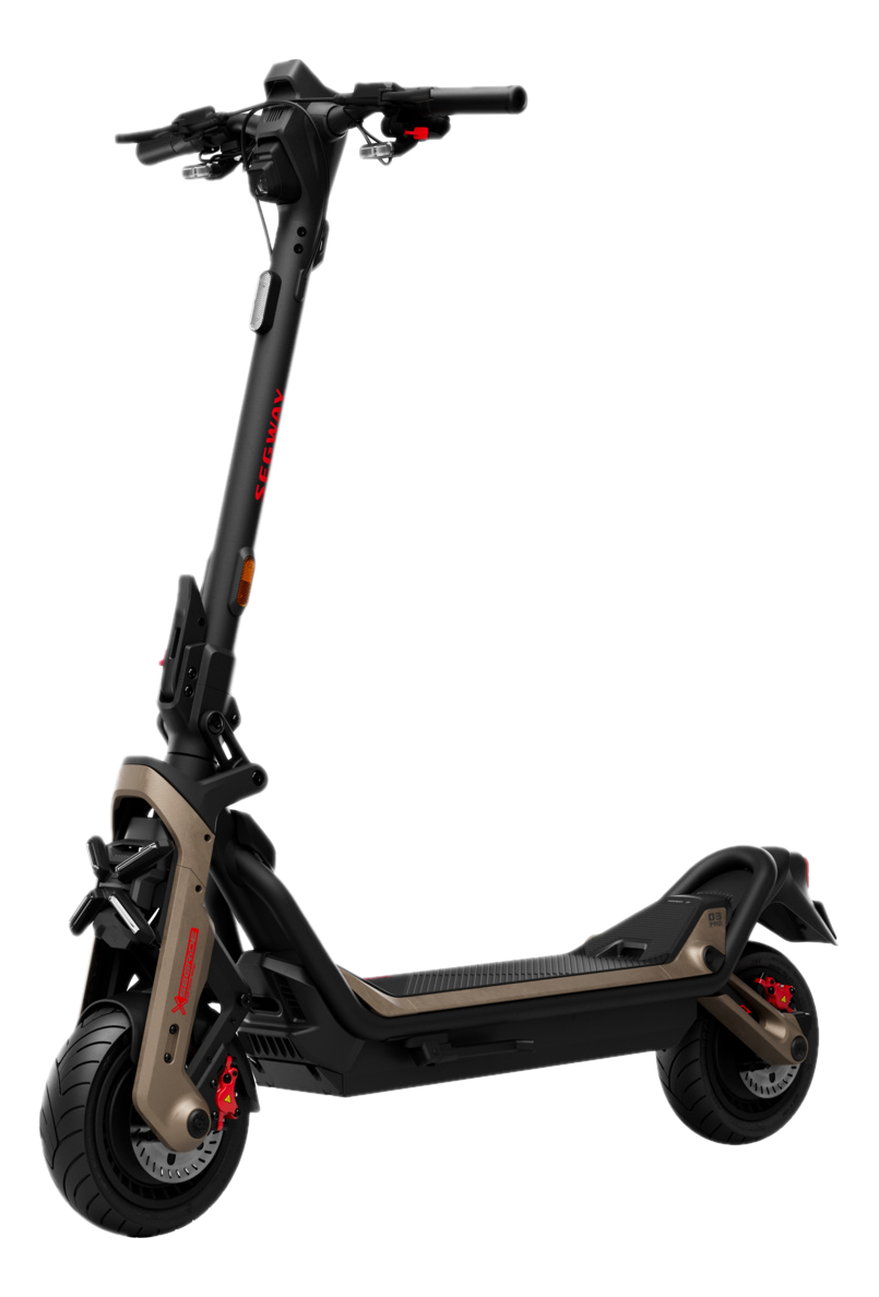 Une trottinette électrique avec un schéma de couleurs noir et or, avec un design unique et des accents rouges.