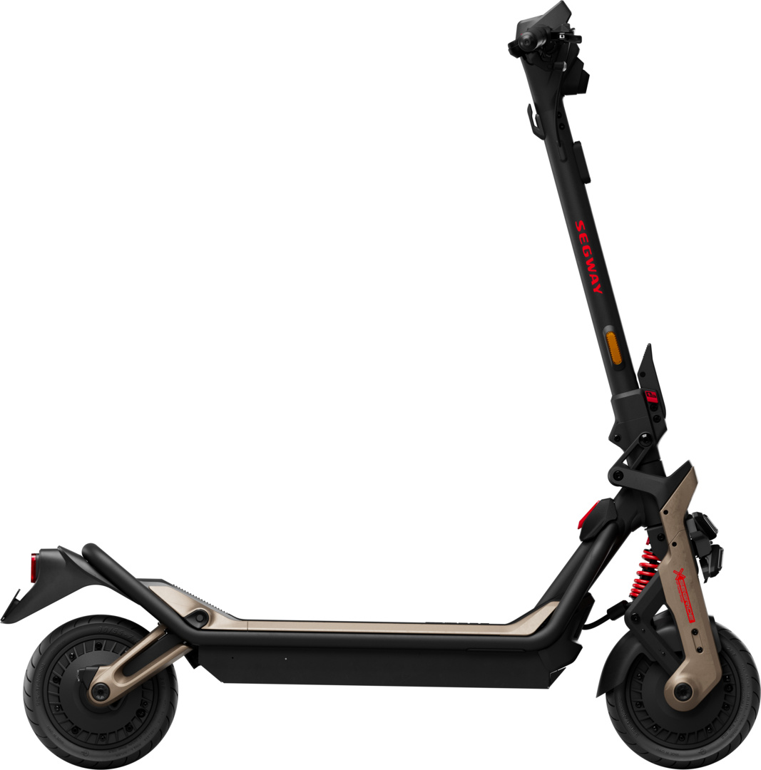 Une trottinette électrique Segway. Elle est noire et beige avec des touches de rouge et une tige haute.