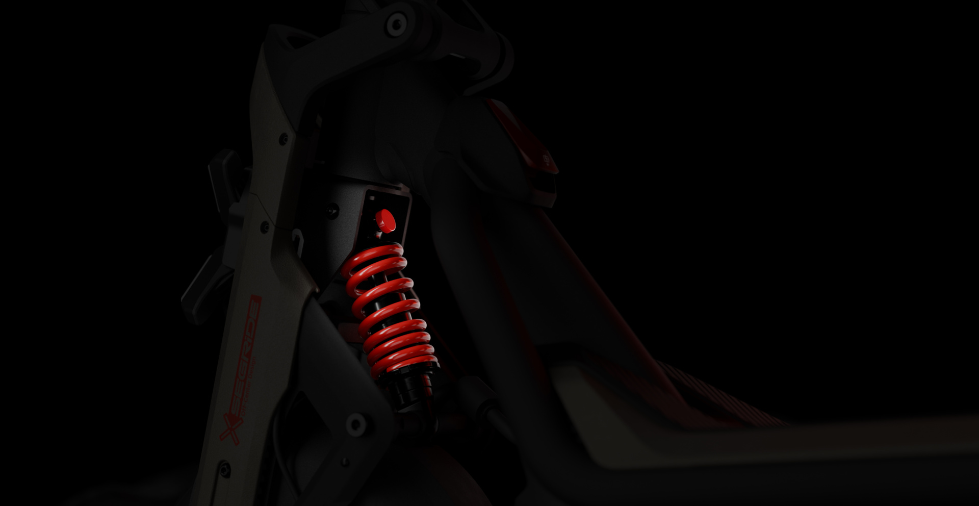 Détail de la suspension du scooter. Ressort hélicoïdal rouge. Composants noirs. Fond sombre.