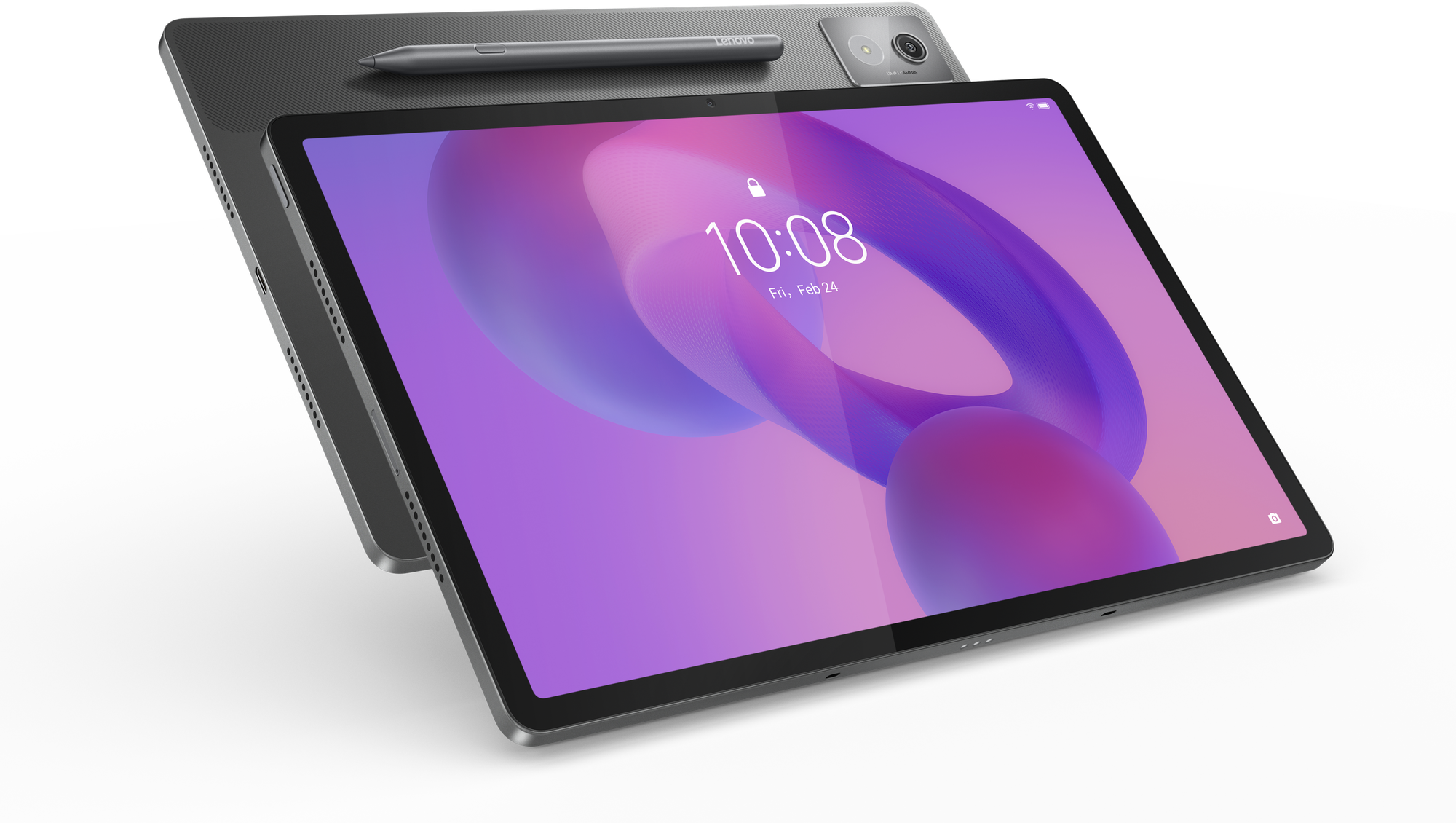 Tablet a tetején lévő tollal, naptárat mutató képernyővel, sötét háttérrel.