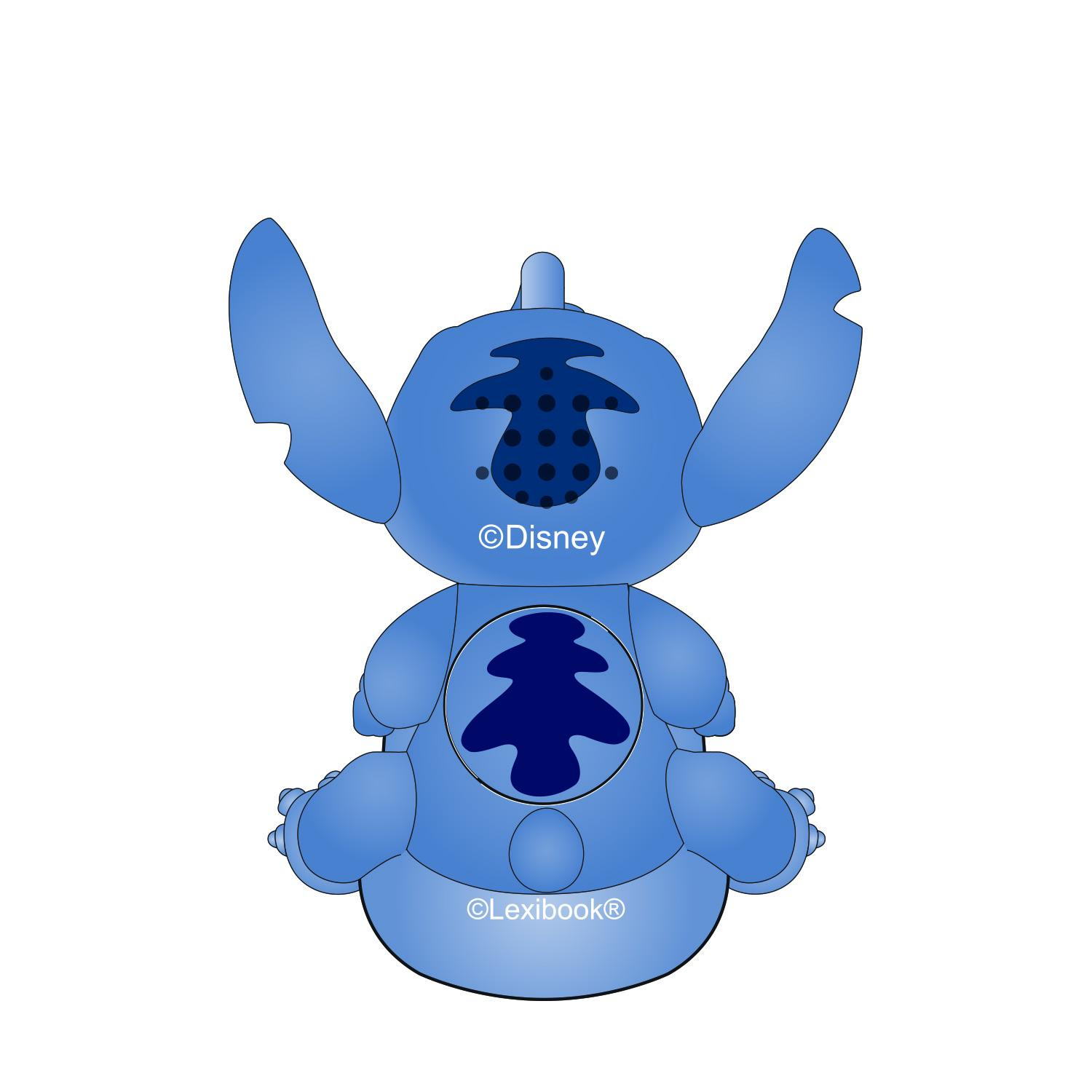 Blaue Stitch-Figur mit offenen Armen, Disney- und Lexibook-Logo.