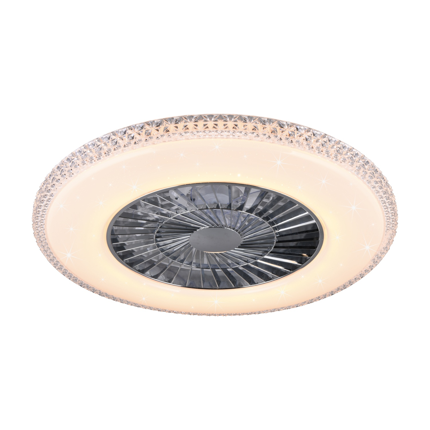 Ventilatore/lampada da soffitto. Circolare con un motivo di luci sul bordo e ventola al centro.