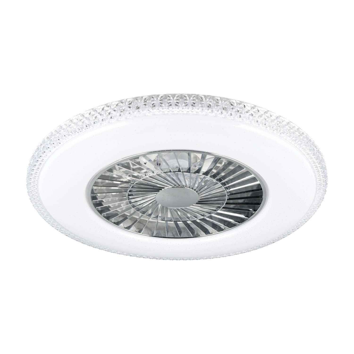 Ventilatore da soffitto bianco con bordo a cristallo, pale e centro argentato.