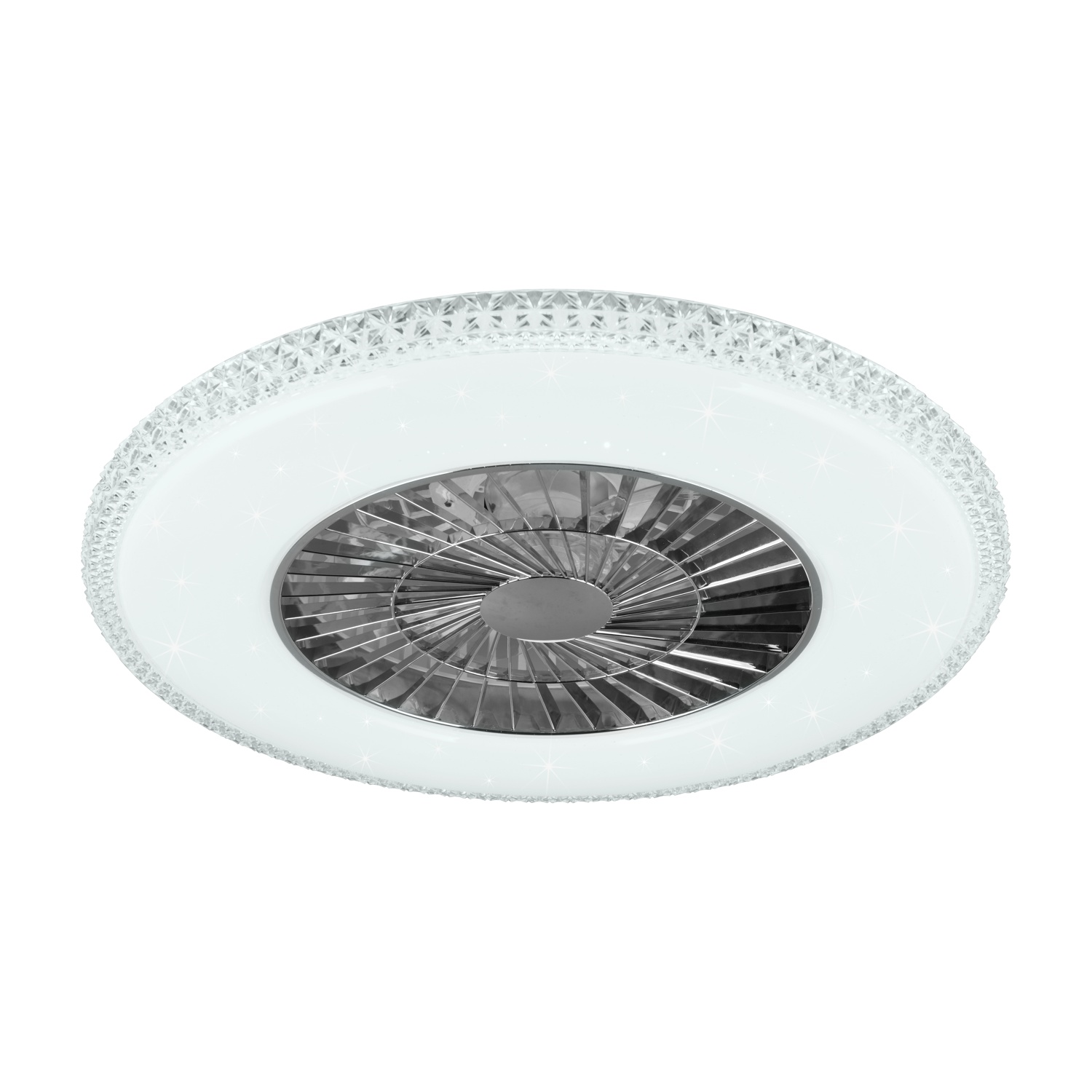 Ventilatore da soffitto bianco con bordo a cristallo, pale e centro argentato.