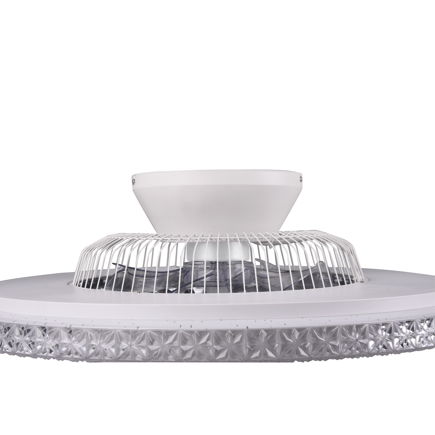 Ventilatore/lampada da soffitto. Bianco, con una gabbia che circonda le pale e luci decorative.