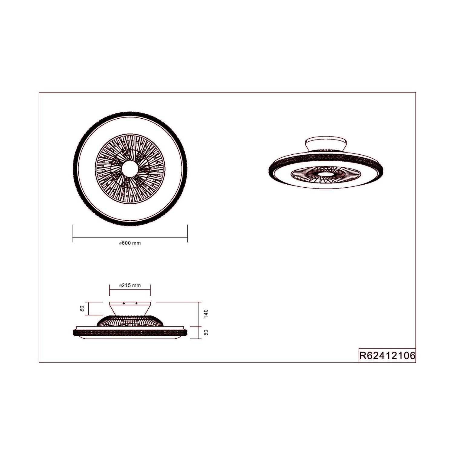 Disegno tecnico di un ventilatore da soffitto, che mostra le dimensioni e le viste dall'alto/laterali.