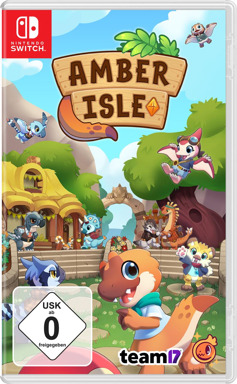Spielbox-Art für 'Amber Isle' auf Nintendo Switch, mit Zeichentrick-Dinosauriern und einer Waldszene.