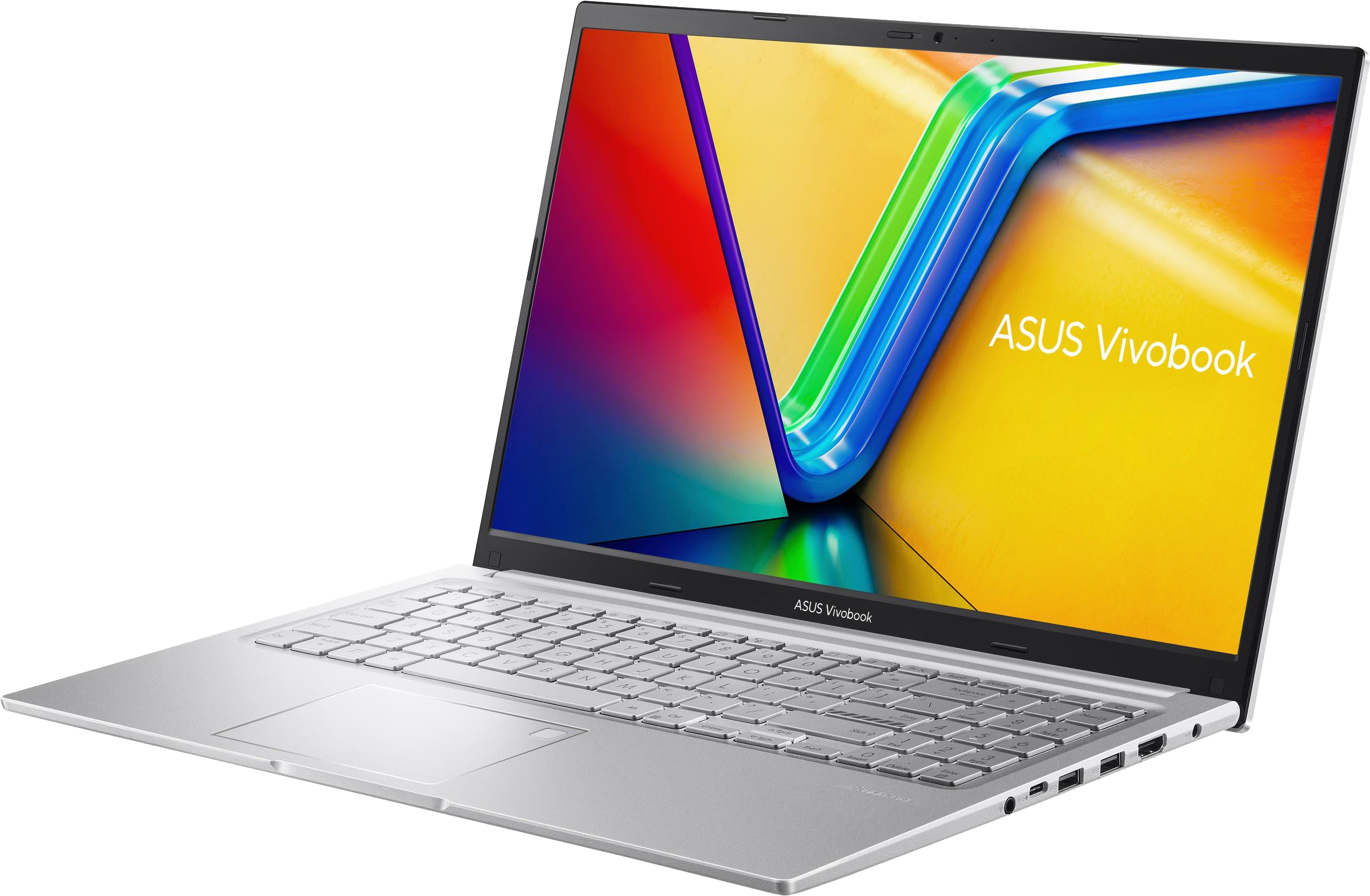 Ezüst Asus Vivobook laptop szögben. A képernyő színes képet jelenít meg. Billentyűzet és touchpad látható. Fekete.