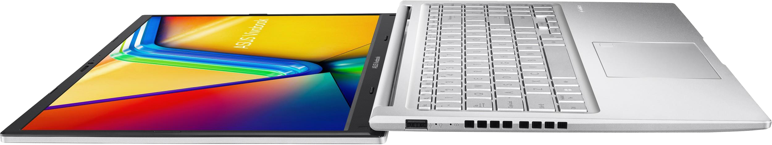 Ezüst Asus Vivobook laptop nyitva. A képernyő színes grafikákat jelenít meg. Billentyűzet látható.