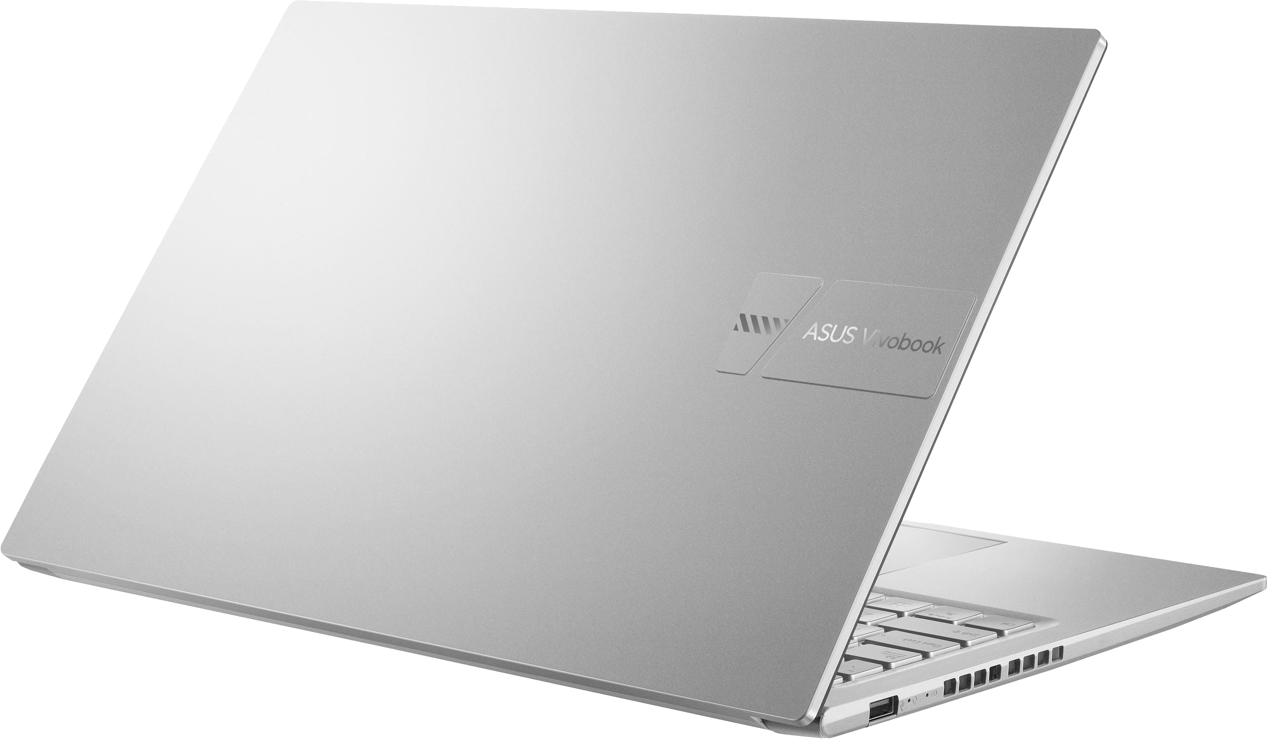 Ezüst Asus Vivobook laptop hátulja. Asus Vivobook logó a tetején. A laptop nyitva van.