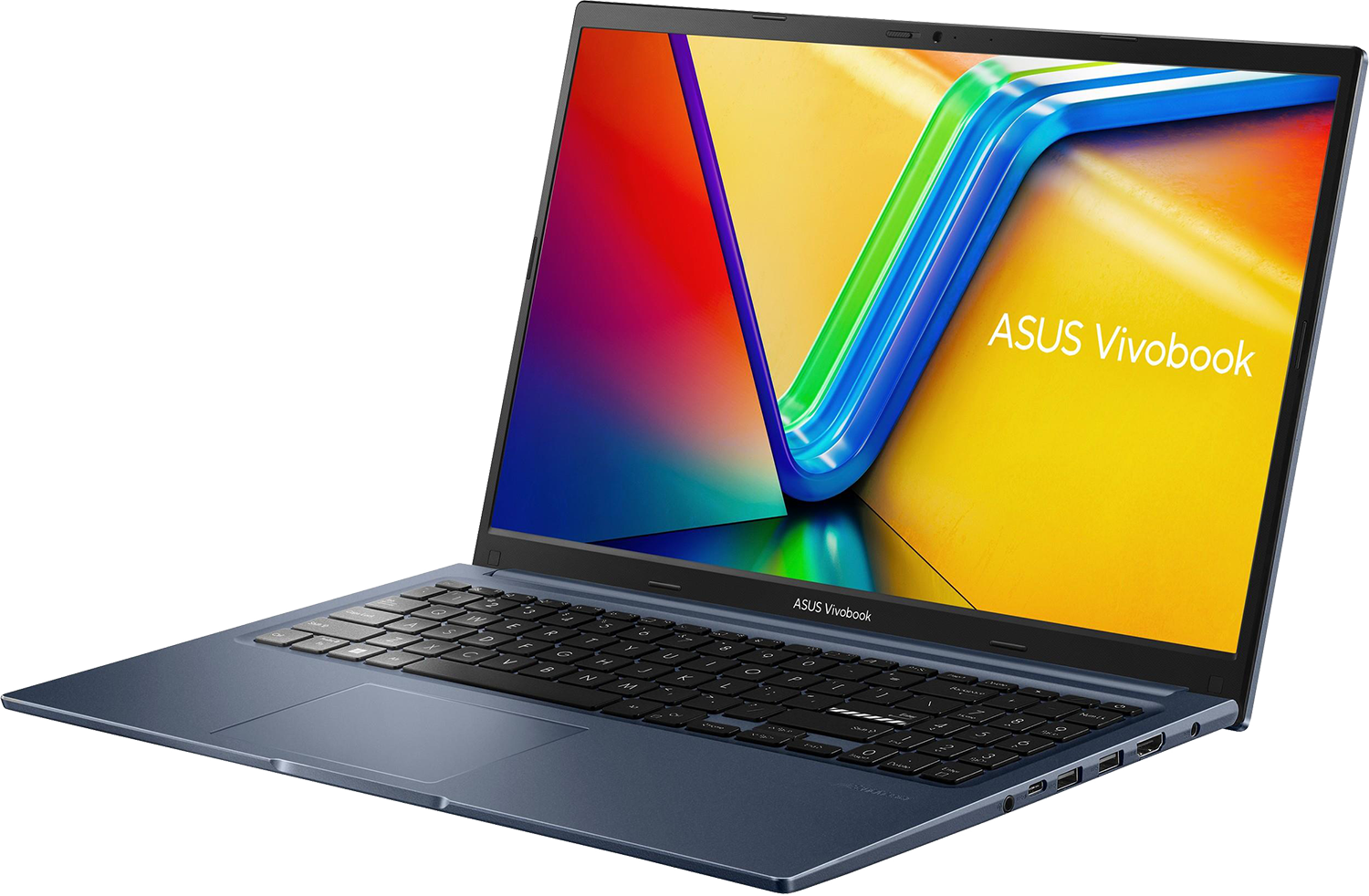 Kék Asus Vivobook laptop. A képernyő ASUS Vivobook szöveget jelenít meg színes grafikával. Billentyűzet látható.