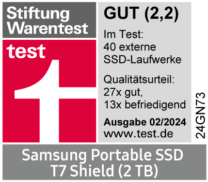 SSD-Test von Stiftung Warentest mit Text und Logo, weißer Hintergrund.