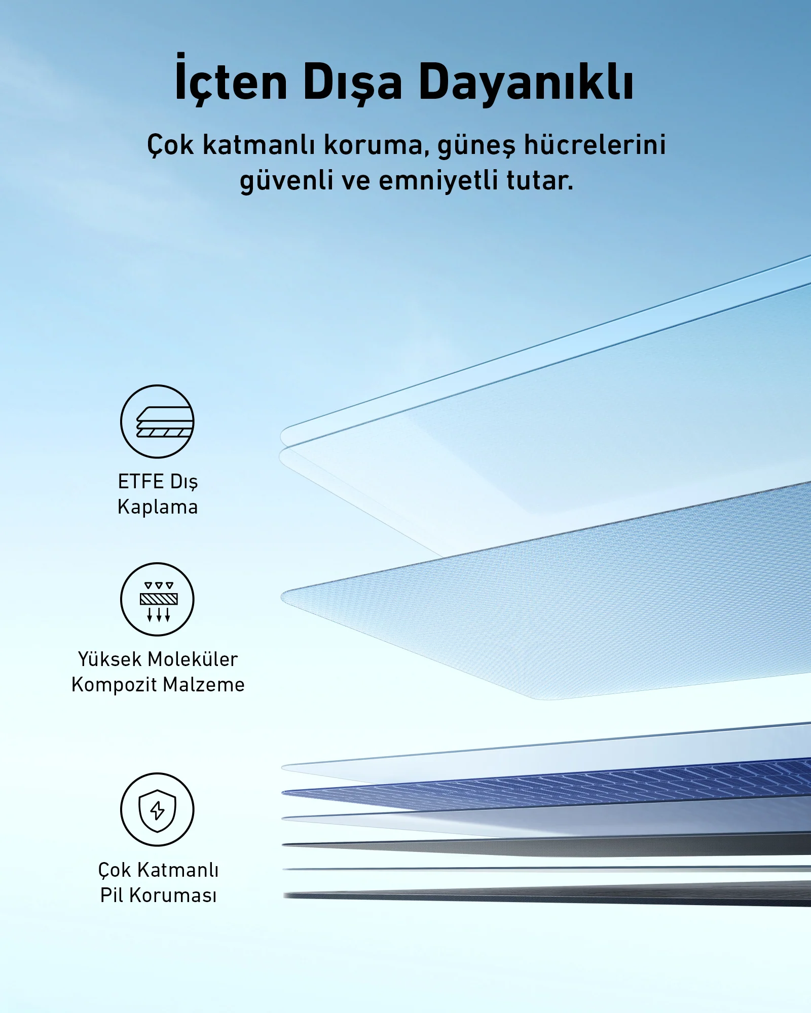 Koruma ve dayanıklılık hakkında metin içeren güneş paneli katmanları diyagramı.