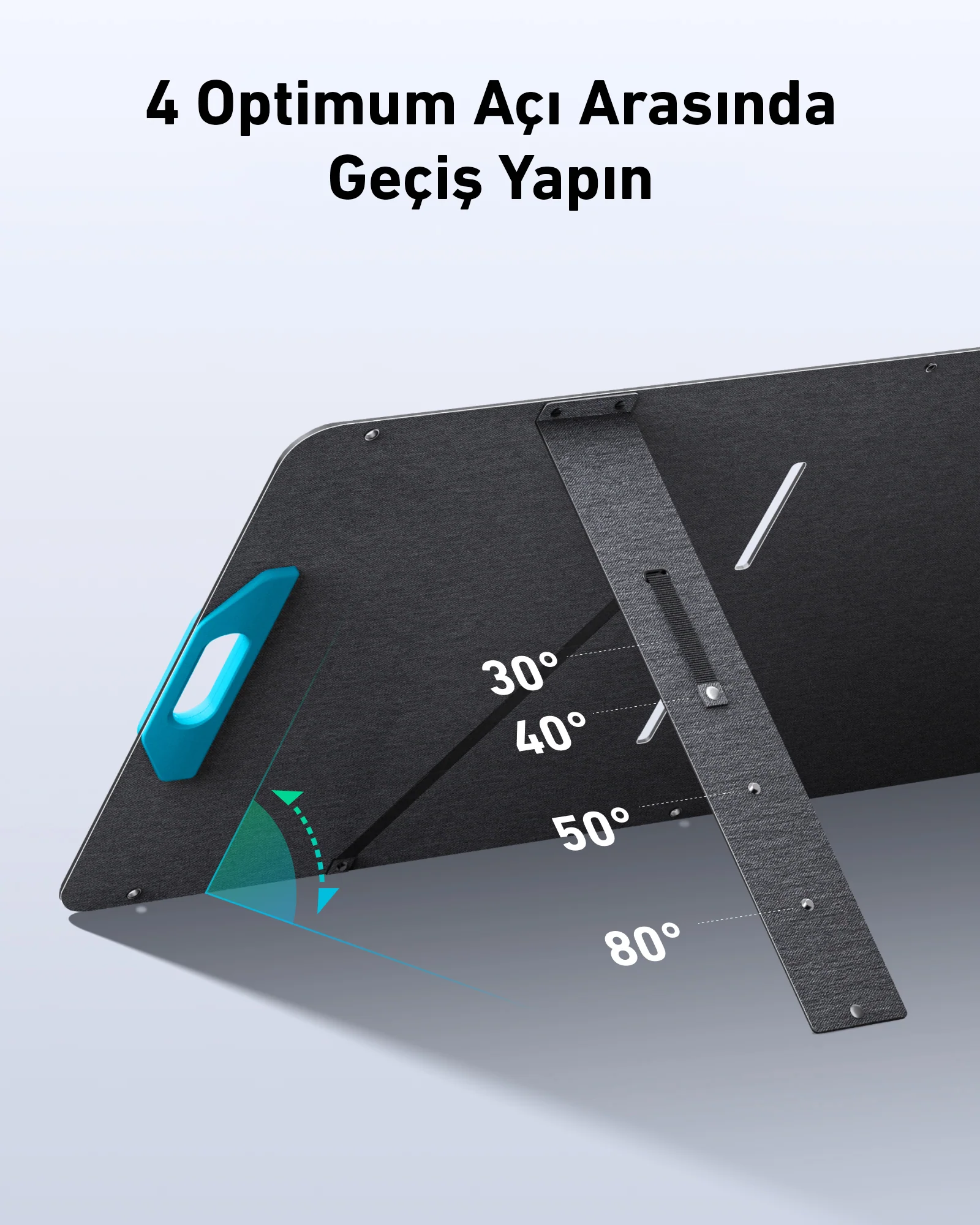 Açı göstergeleriyle ayarlanabilir açılara sahip güneş paneli.