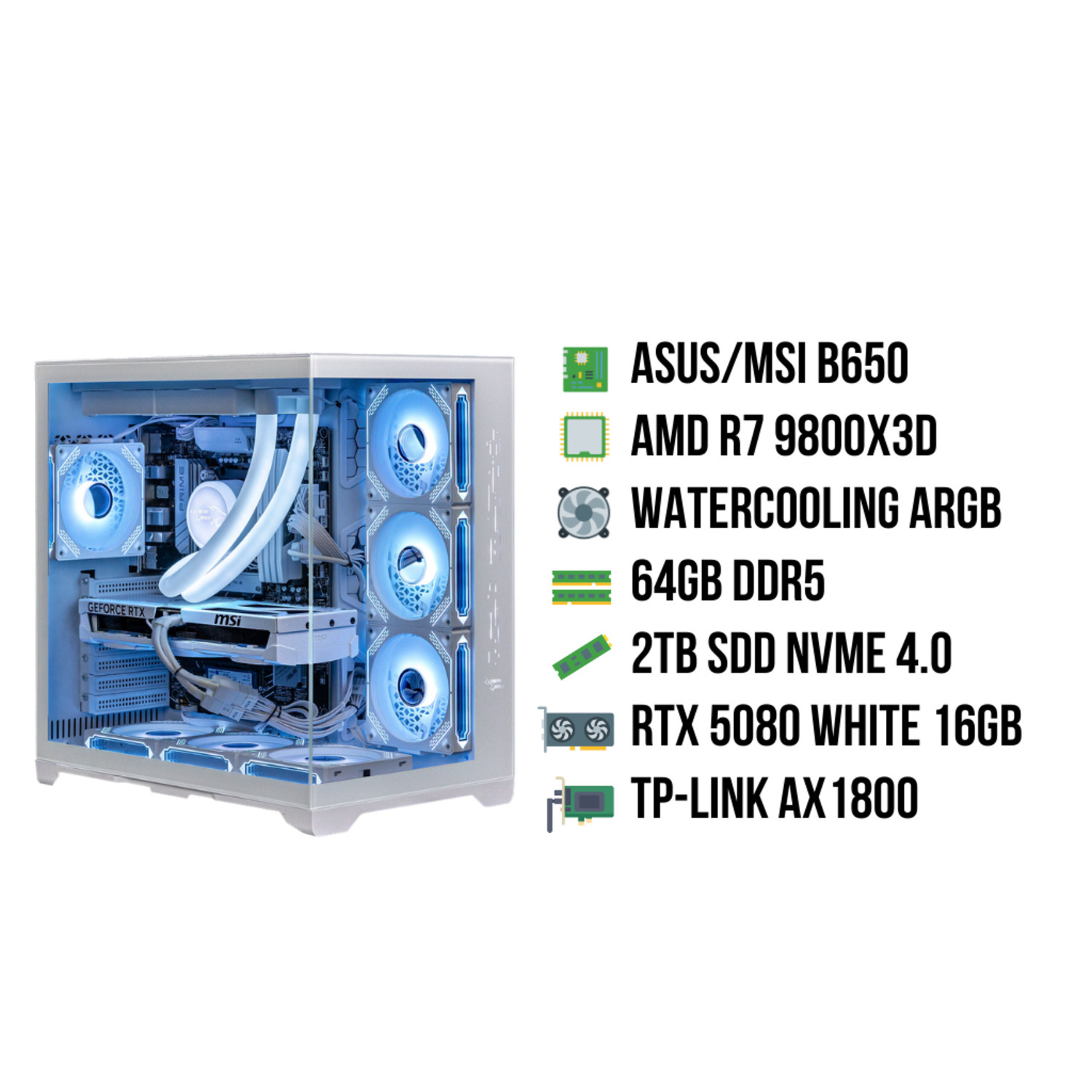 Een witte pc-behuizing met blauwe ventilatoren en gloeiende componenten. Specificaties: ASUS/MSI B650, AMD R7 9800X3D en RTX 5080.