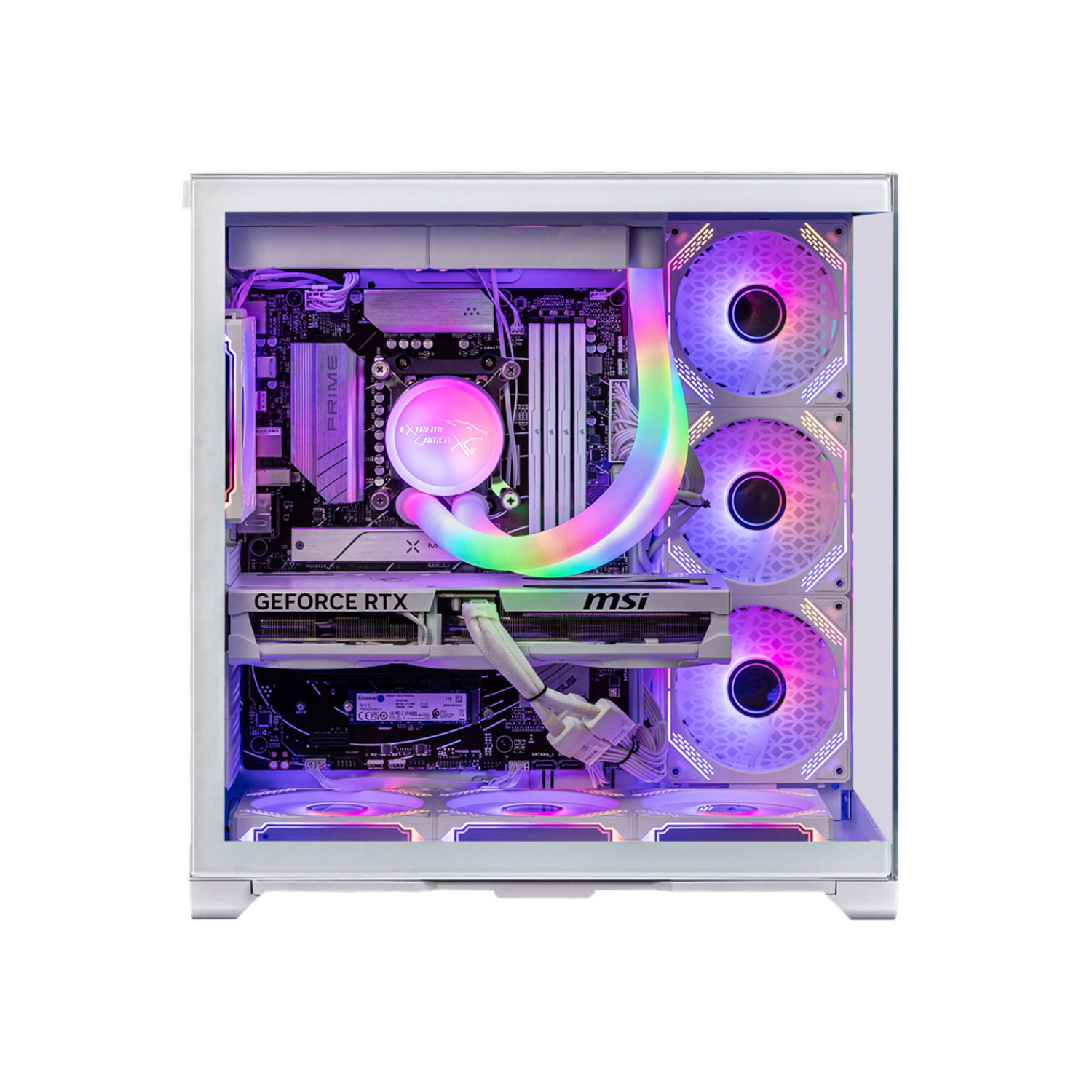 Een witte computerkast met interne componenten verlicht door verschillende kleuren, waaronder ventilatoren, waterkoeling en een grafische kaart.