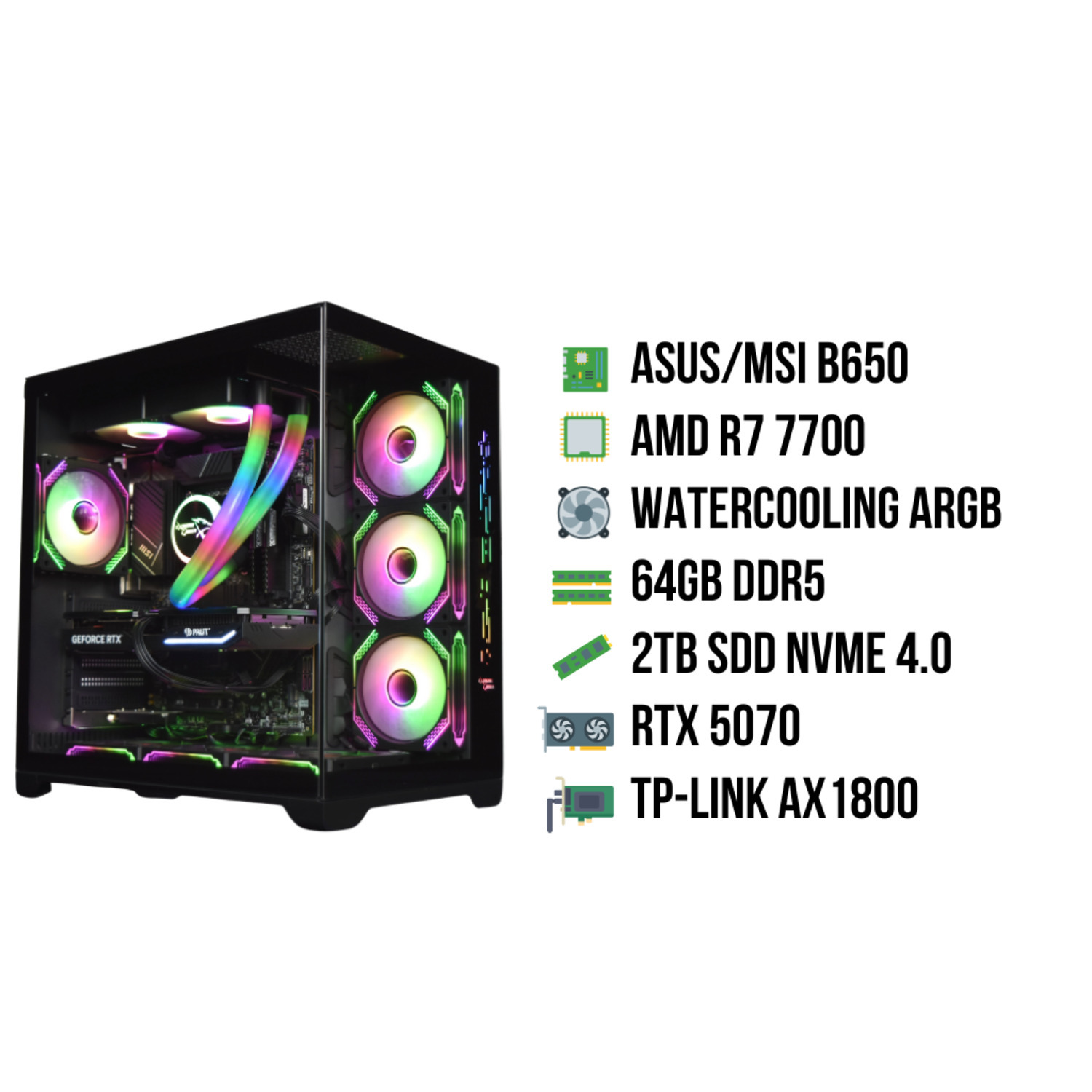 Een zwarte pc-behuizing met kleurrijke ventilatoren en gloeiende componenten. Specificaties: ASUS/MSI B650, AMD R7 7700 en RTX 5070.