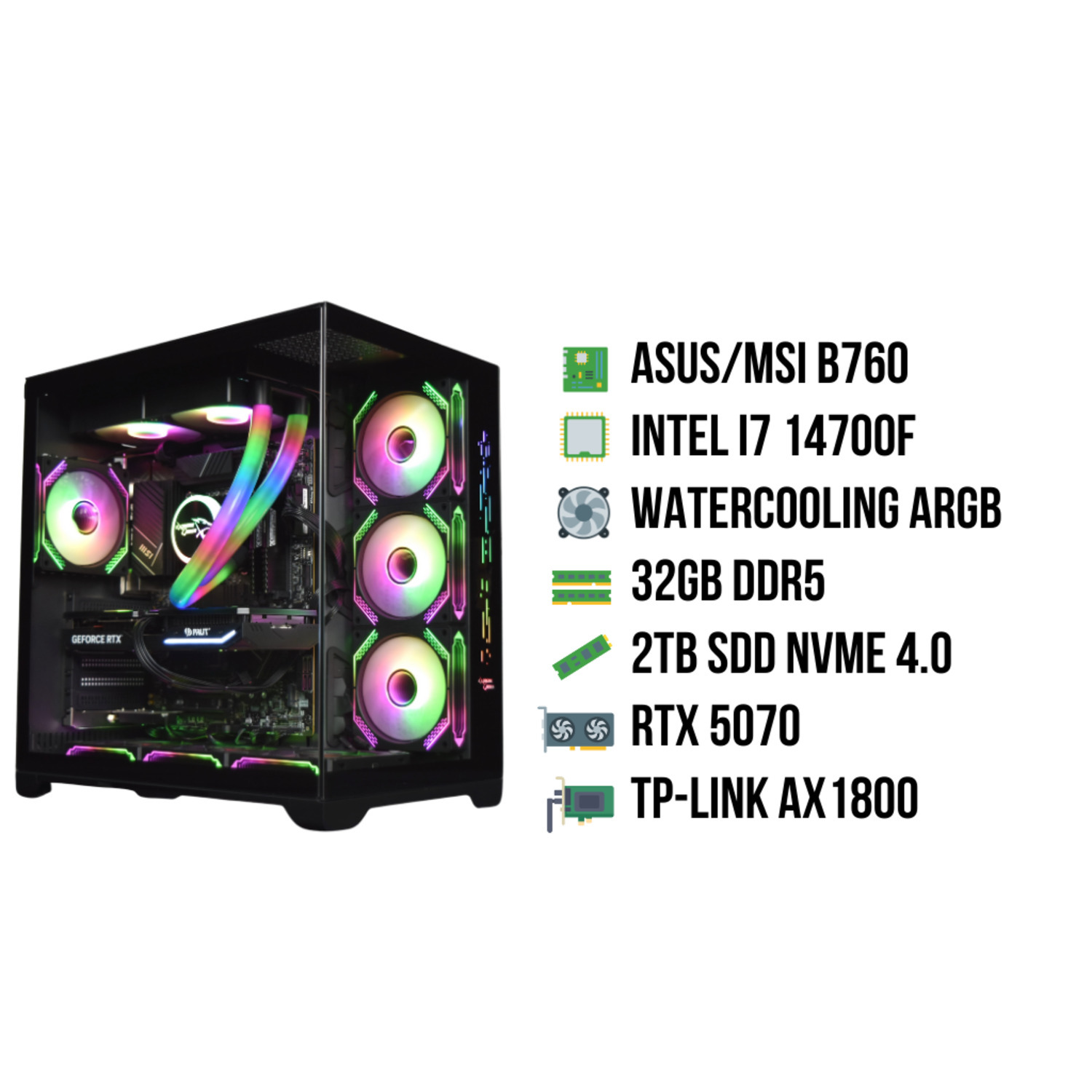 Un boîtier PC noir avec des ventilateurs colorés et des composants lumineux. Les spécifications incluent ASUS/MSI B760, Intel i7 14700F et RTX 5070.