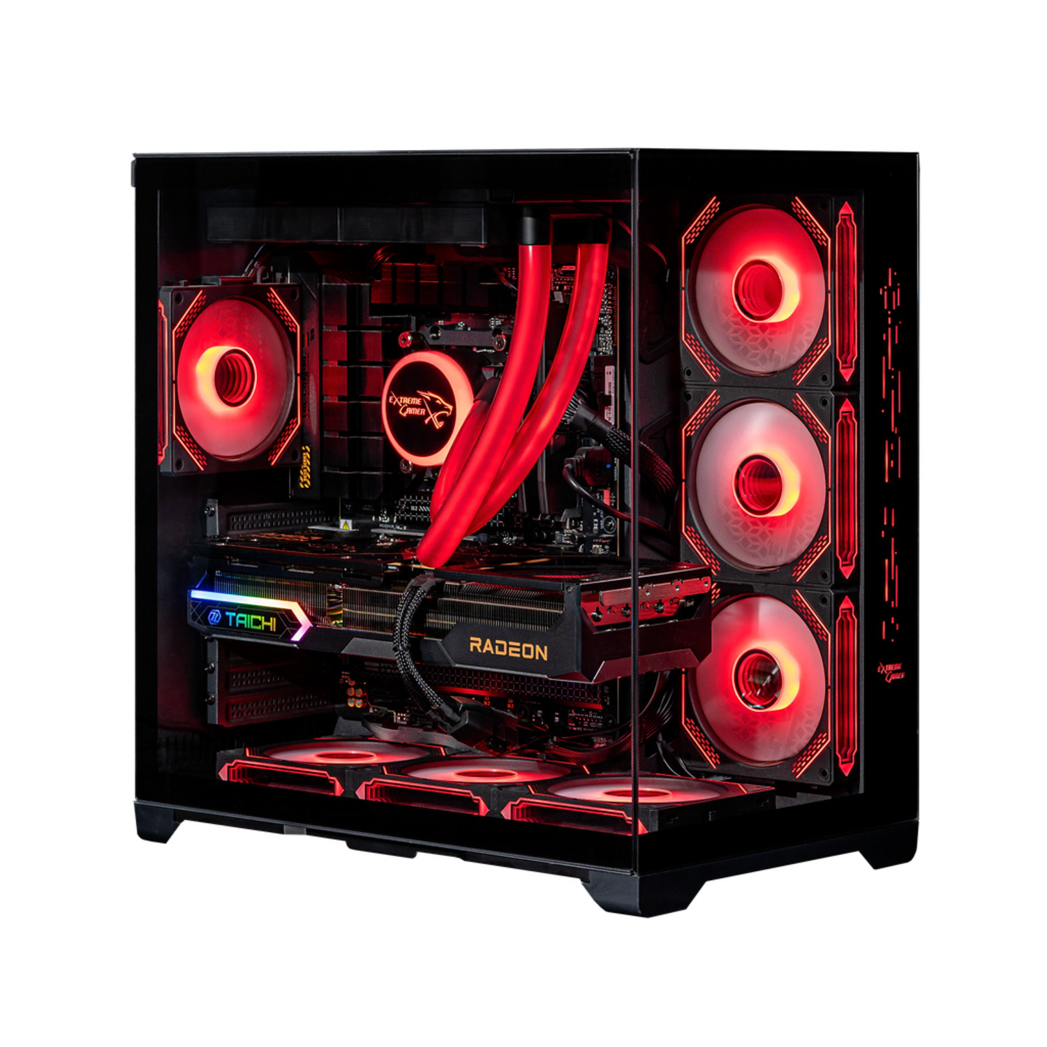 Zwarte pc-kast met rood verlichte ventilatoren en interne componenten. Met Radeon GPU en waterkoeling met rode buizen.